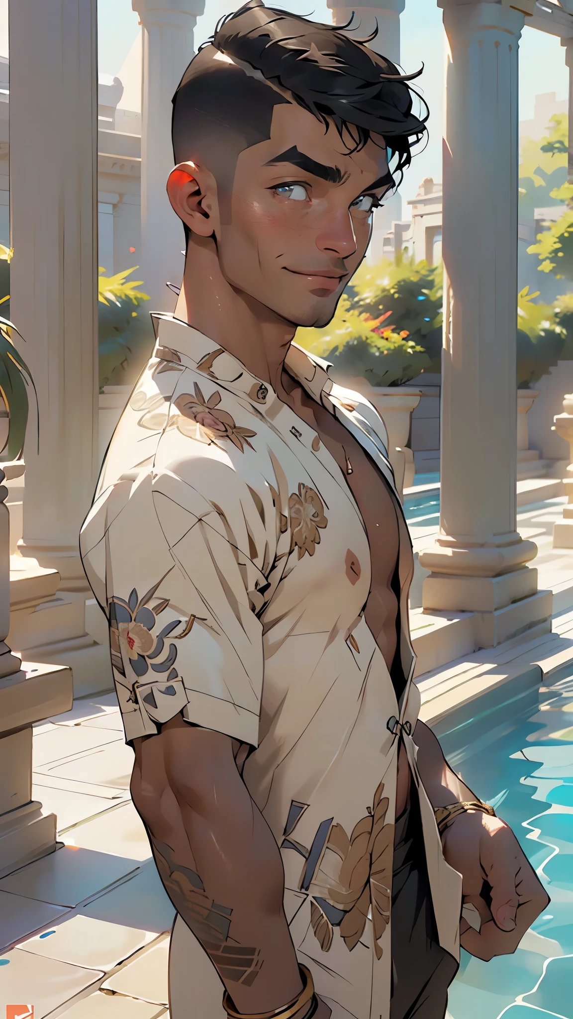 (male:1.5),muscle,1boy,big muscle,pectoral,big pectoral, muscular,Mature man,man,adult,1 man,old macho man,an extremely detailed face,intricate eyes,beautiful detailed eyes,symmetrical eyes,perfect face, shredded,((detailed face)),
1 black man,tall,huge ,strong,black ,30 year old,sporty physique,tall and muscular,athletic body build,(((taper fade haircut:1.5))),
(((dark skin:1.5))),black skin:1.35,dark skin:1.3,ebony skin,
smile,
(ultra-detailed:1.3), beautiful detailed glow, finely detailed, ultra-detailed,
african,black race,african traits,african race,elegant,
(((bare chest,naked torso))),(black linen tunic, himation),((bulge in tunic)),(((intricate outfit,intricate clothes,ornate outfit))),
(dynamic pose:1.0),embarrassed,(centered,scale to fit dimensions,Rule of thirds),
((beautiful bath house made of greek marble and pillars, beautiful clear water in pool)),scenery:1.25,((intricate scenery)),((greek temple background)),
(Glossy greek ornaments),highres,sharp focus,(ultra detailed,extremely detailed),(photorealistic artwork:1.37),(extremely detailed CG unity 8k wallpaper),(((vibrant colors,vibrant theme))),(intricate),(masterpiece),(best quality),artistic photography,(photography taken by sldr),(intricate background),perfect rendered face,perfect face details,realistic face,photo realistic,((intricate detail)),(((realism))),