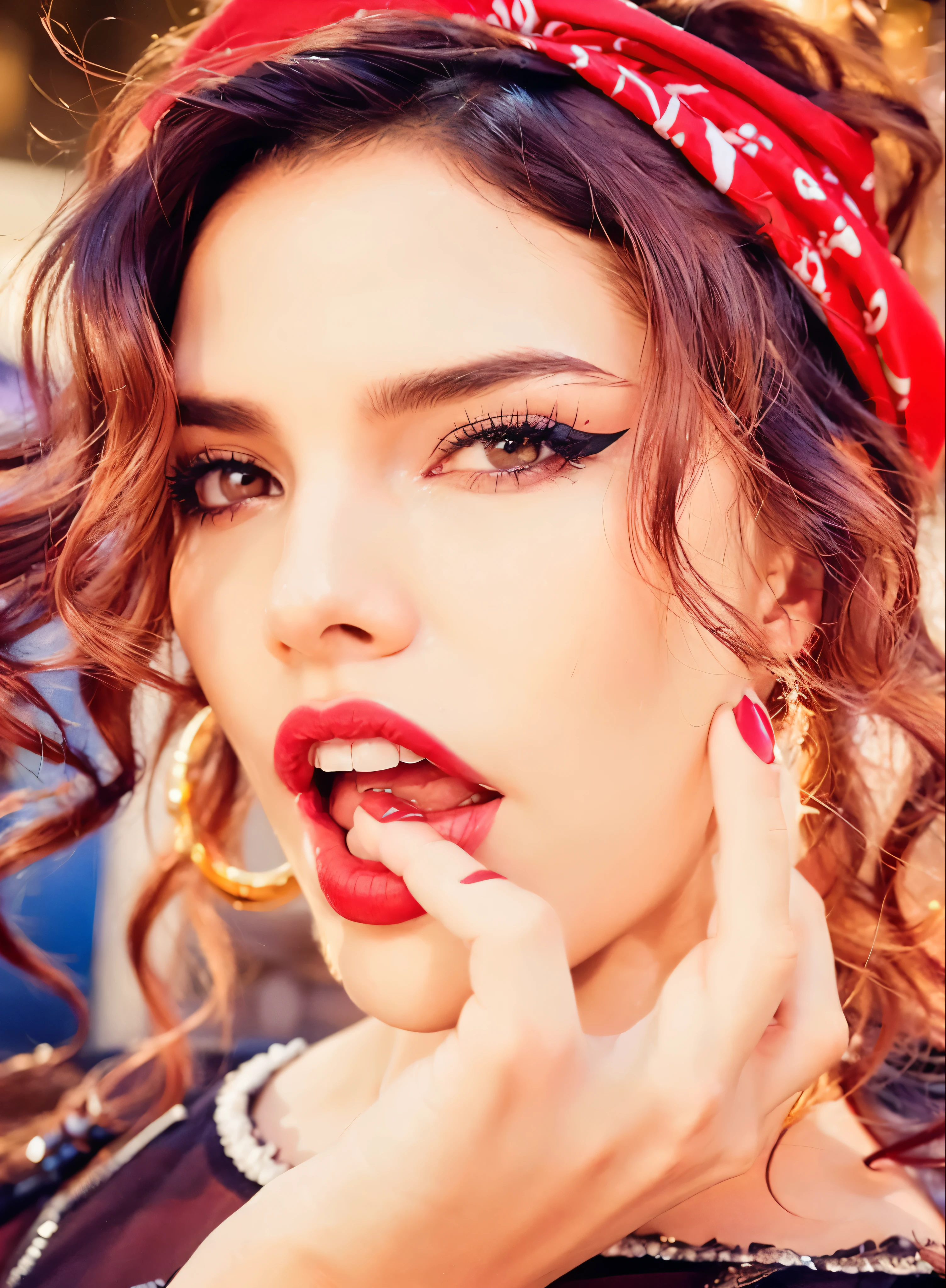 woman with red pomade and bandana on her head, sexy lips :5 stylish, 💋 💄 👠 👗, Bella Thorne, profile picture, by Galen Dara, dua lipa, eyes_Taylor-Joy, Red lips, Kendall Jenner, sexy face, magnificent art, pomade, Valentine&#39;s Day, profile picture, red pomade on face