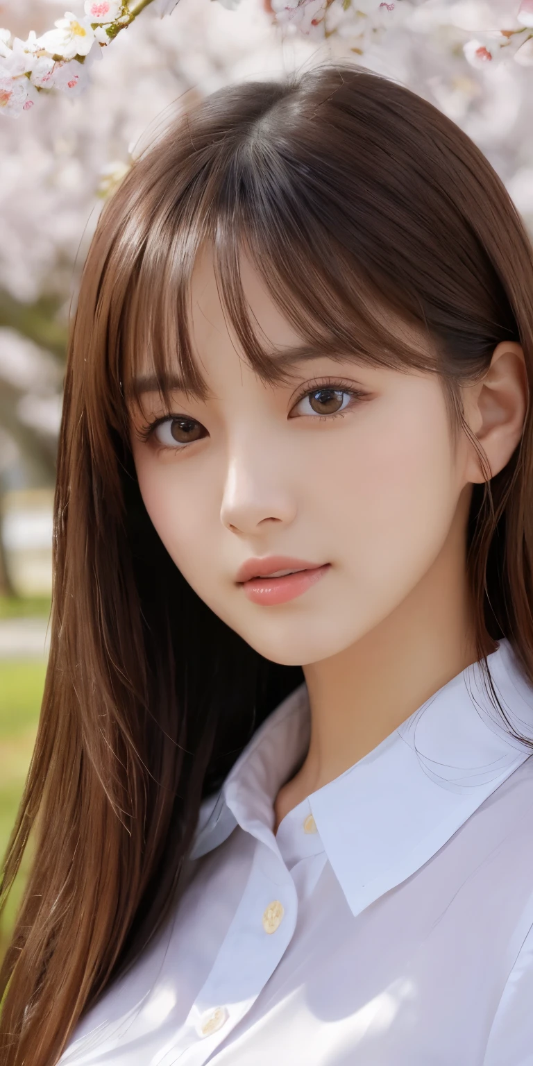 masterpiece、highest quality、High resolution、wallpaper、realistic、bright lighting、professional lighting、face light、smooth lighting、japanese woman、20-year-old、Beautiful woman、action、gravure、sexy、white collared shirt、super beautiful、beautiful skin、beautiful and detailed eyes、detailed face、slim、moderately、beautiful long hair、brunette colored hair、dark brown eyes、look at the camera、Upper body、under the cherry tree