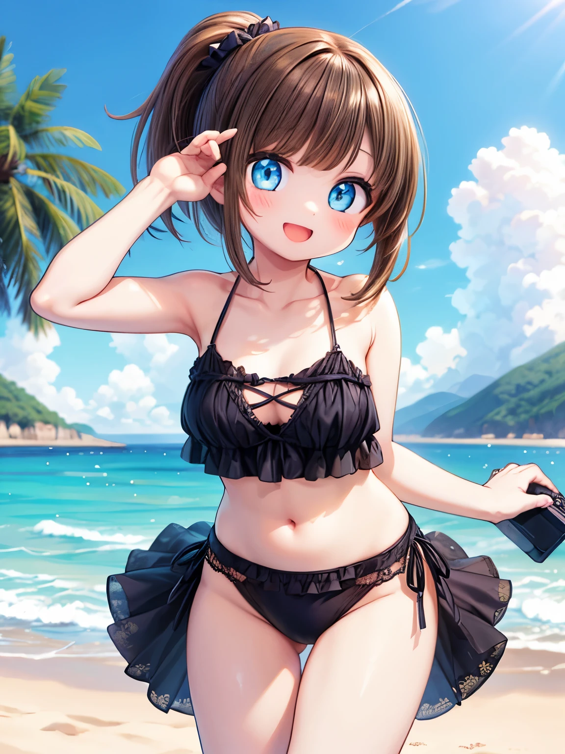 ultra-detailed,(masterpiece:1.2) , (best quality:1.2) , (ultra-detailed:1.2), 2.5D,extremely detailed, girl,masterpiece, best quality, extremely detailed, anime,dark brown hair,medium hair, hairpin,BREAK,blue eyes,BREAK,beach,everlasting summer,bikini,smile,:d,Action