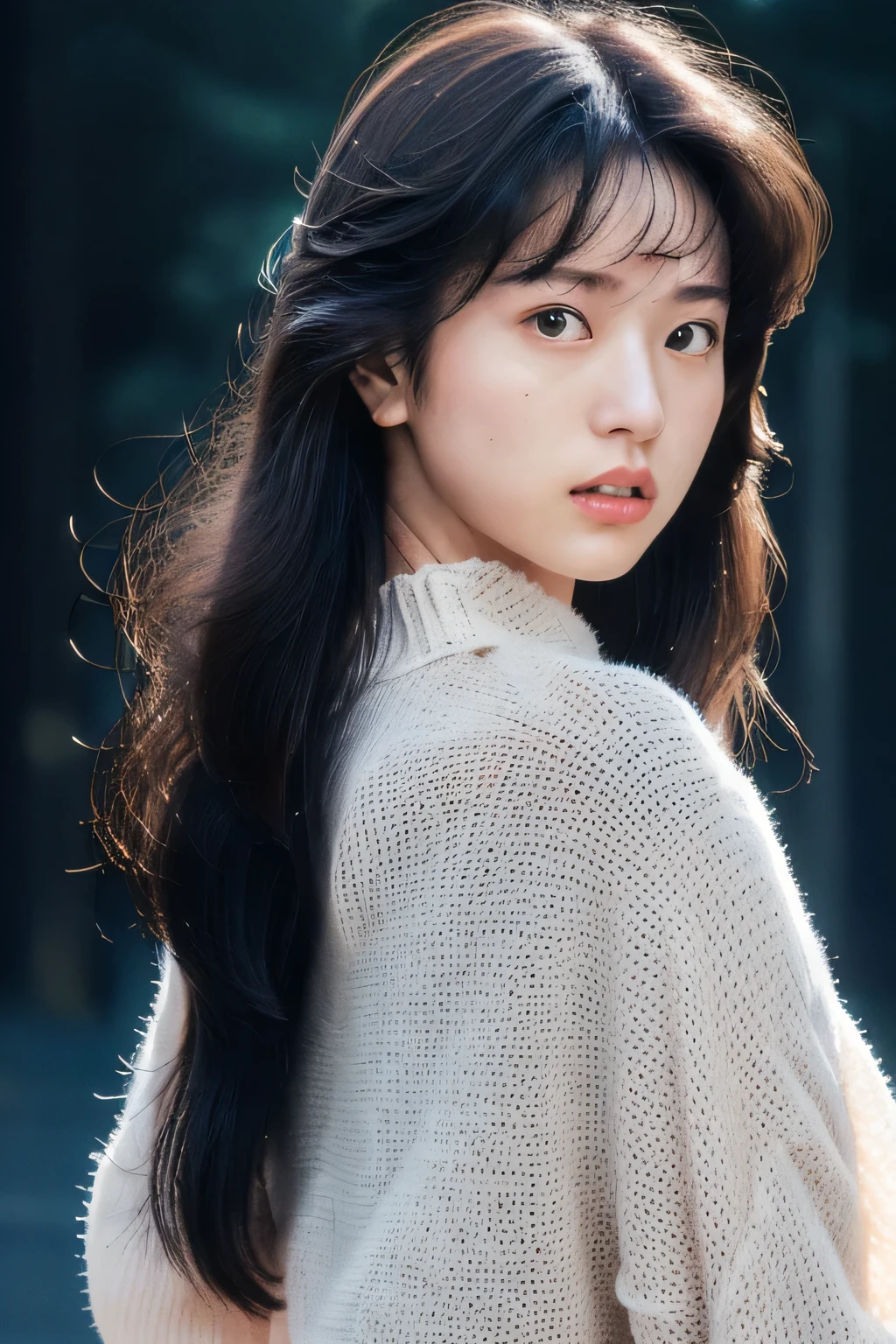 (masterpiece, realistic, ultra high resolution, high quality:1.2), 1 girl, (young),(no makeup), black hair, portrait, old photograph, 80's style , dynamic pose, studio, ((akinanakamori))