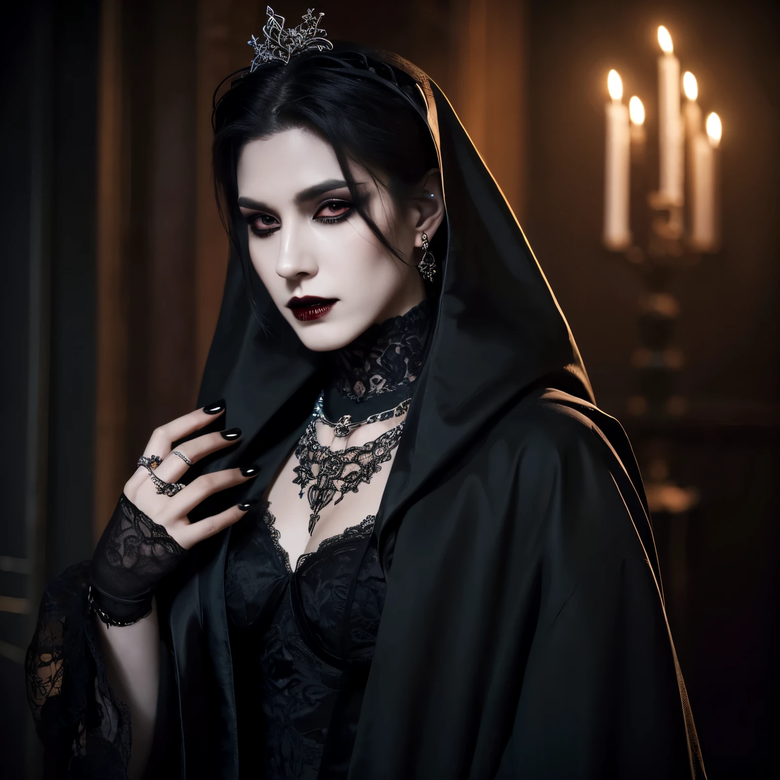 Ateez's singer Kim Hongjoong reimagined as a vampire count goth with simply makeup and wardrobe. (best quality, highres:1.2), detailed facial features, mesmerizing eyes, dark and mysterious expression, pale skin with a hint of translucency, perfectly shaped lips, exaggerated vampire fangs, intricate gothic clothing with lace details and Victorian-inspired elements, a flowing cloak in deep shades of black and crimson, statement accessories such as chokers, rings, and chains, dramatic lighting casting haunting shadows, an ethereal gothic backdrop with ornate architecture and candlelit ambience, a sense of mystery and allure in every detail, capturing the dark and captivating essence of the vampire goth aesthetic.