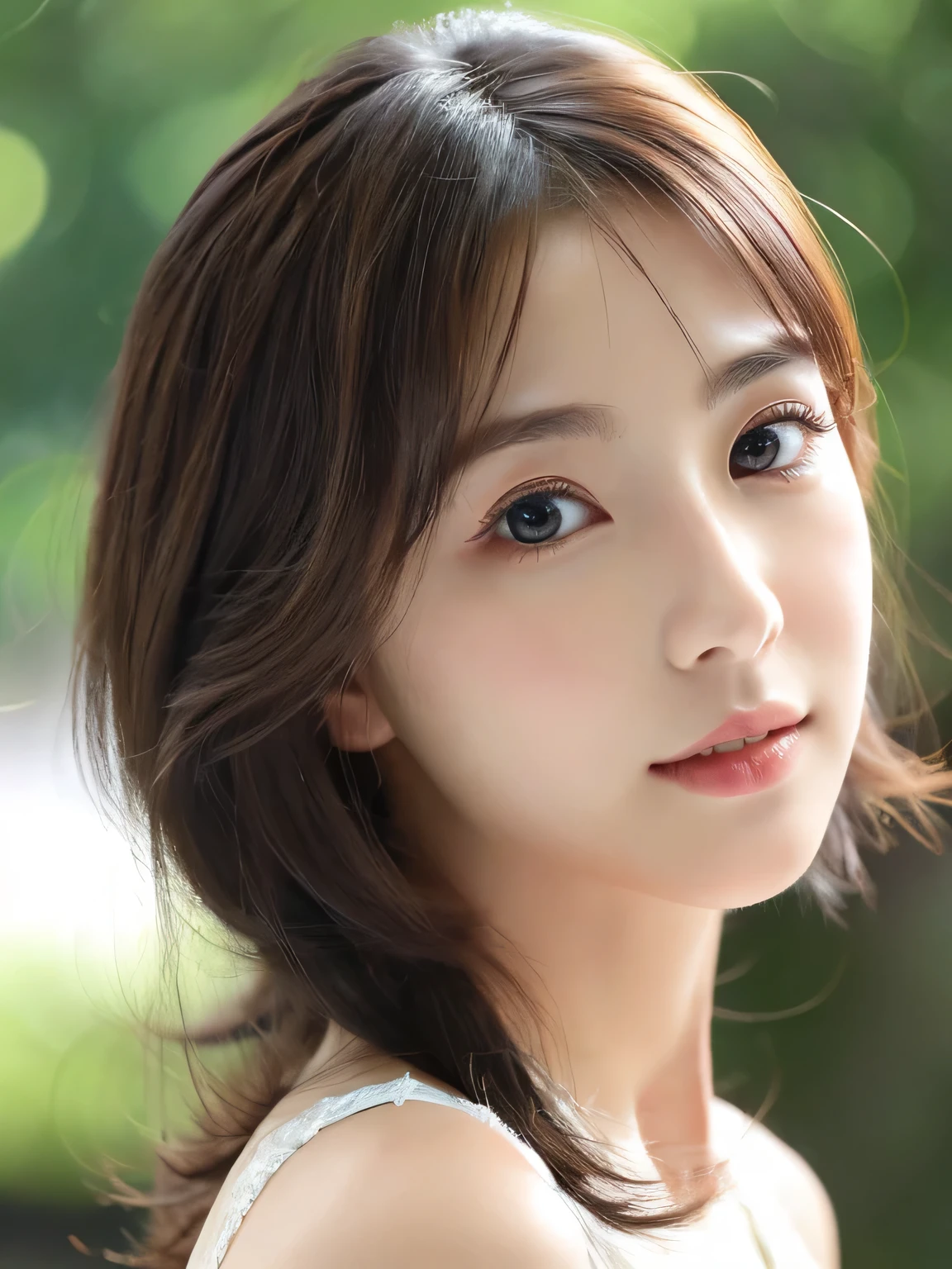 (((32k,high details,high detail、masterpiece,attention to detail,alone))),Raw photo & realistic atmosphere,beautiful dark blue eyes,detailed mouth,glossy lips,thin eyebrows,fine eyes、Soft white skin that shines in every detail、her deep black eyes are so beautiful,lip details、very beautiful face,very well-shaped face、lifelike face,shining beautiful lips,beautiful eyebrows,infinite reality, Realistic young gravure idol,she'she'she'she'she'she's a very cute woman , young gravure idol, young gravure idol, Very beautiful and cute 21 year old beautiful girl,incredibly beautiful and classy,21 year old beautiful girl,natural soft light,(shiny hair,,Beautiful and kind eyes:1.5),gentle smile,well-shaped chest,medium long hair,tie hair,beautiful posture,no makeup,think ahead,