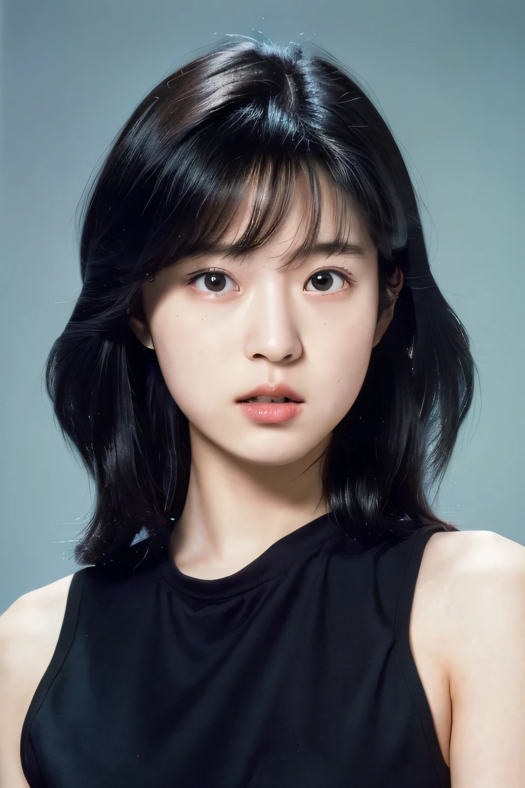 (masterpiece, realistic, ultra high resolution, high quality:1.2), 1 girl, (young),(no makeup), black hair, portrait, old photograph, 80&#39;s style , dynamic pose, studio, ((akinanakamori))