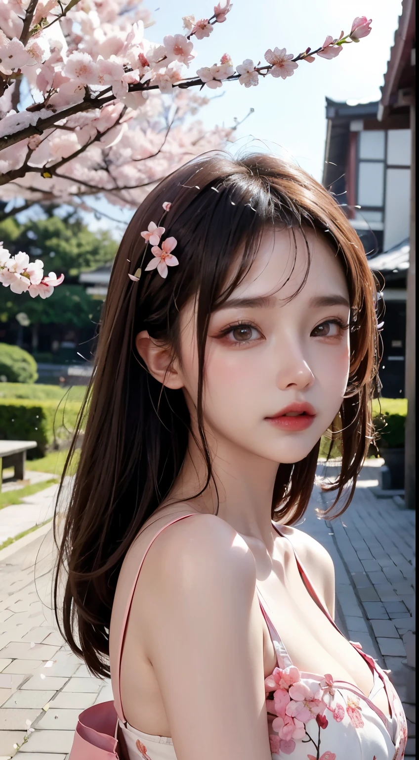 Mustepiece, top quality, illustration, ultra-definition, fine details, high resolution, 8K wallpaper, perfect dynamic composition, beautiful detailed eyes, wearing a dress, natural colored lips, random cute pose, perfect and beautiful face, cute, sexy face, sunset, ecstasy face, feminine face, (cherry blossoms, cherry blossoms, falling cherry blossom petals, cherry blossom blizzard, falling petals), waving in the wind Hair, hair fluttering, pink cherry blossoms, petals dancing, cherry blossom snowstorm, wonderful scenery, sunrise, background sun, wind,