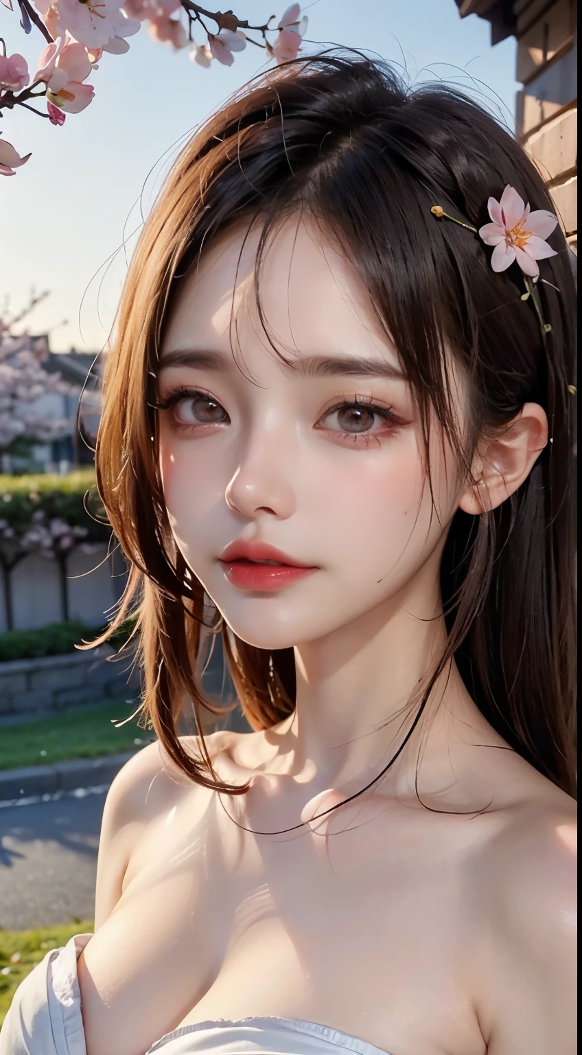 Mustepiece, top quality, illustration, ultra-definition, fine details, high resolution, 8K wallpaper, perfect dynamic composition, beautiful detailed eyes, wearing a dress, natural colored lips, random cute pose, perfect and beautiful face, cute, sexy face, sunset, ecstasy face, feminine face, (cherry blossoms, cherry blossoms, falling cherry blossom petals, cherry blossom blizzard, falling petals), waving in the wind Hair, hair fluttering, pink cherry blossoms, petals dancing, cherry blossom snowstorm, wonderful scenery, sunrise, background sun, wind,