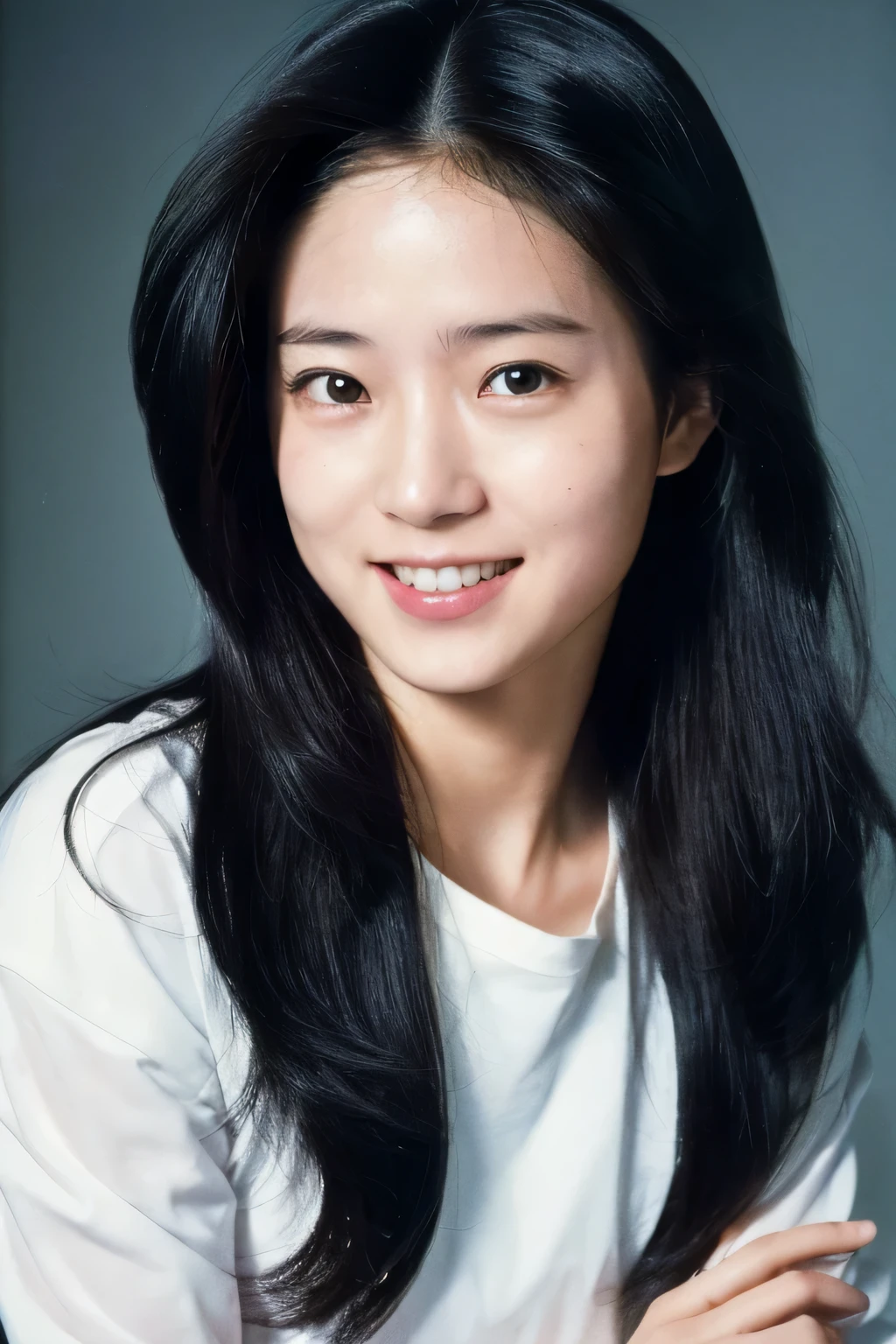 (masterpiece, realistic, ultra high resolution, high quality:1.2), 1 girl, (young),(no makeup), black hair, portrait, old photograph, 80's style , dynamic pose, studio, ((akinanakamori)) , smile
