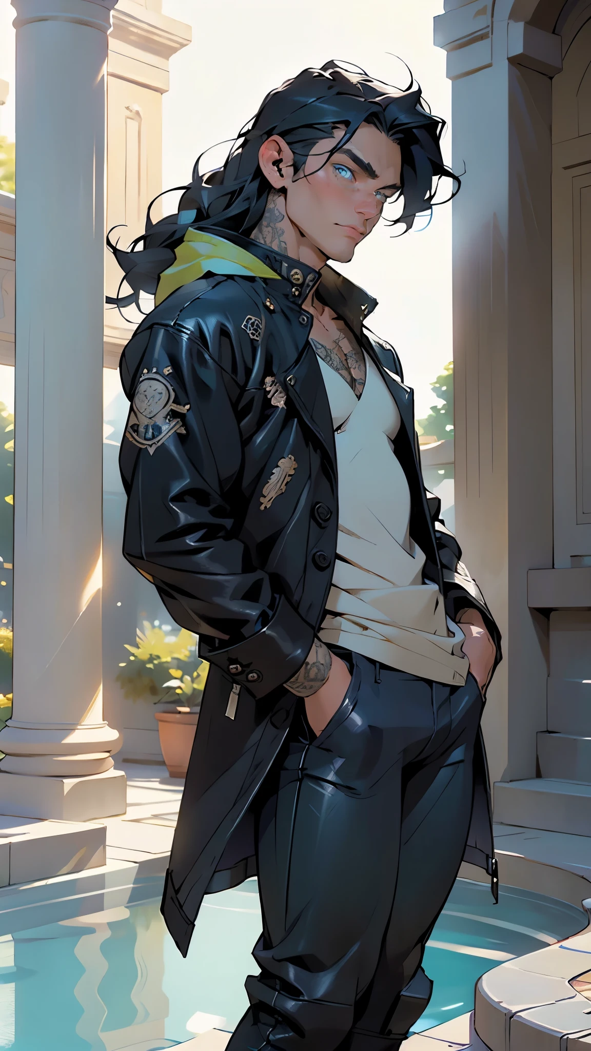 photography of a heavy metal star, a solo man, 25 years old, singer, bad boy, black eyes, expressive look, long dark blue black hair, straight hair, blueshine hair, unshaven, black leather jacket, leather pants, chest tattoo, super detailed face, perfect shapes,
(male:1.5), muscle, 1boy, pectoral, muscular, macho man, (((dark_blue_eyes:1.3))),intricate eyes,beautiful detailed eyes,symmetrical eyes,
(heavy metal clothes),(((dark coat))),((bulge in pants)),(((intricate outfit,intricate clothes))),
(dynamic pose:1.0),embarrassed,(centered,scale to fit dimensions,Rule of thirds),
((beautiful bath house made of greek marble and pillars, beautiful clear water in pool)),scenery:1.25,((intricate scenery)),((greek temple background)),
(Glossy greek ornaments),highres,sharp focus,(ultra detailed,extremely detailed),(photorealistic artwork:1.37),(extremely detailed CG unity 8k wallpaper),(((vibrant colors,vibrant theme))),(intricate),(masterpiece),(best quality),artistic photography,(photography taken by sldr),(intricate background),perfect rendered face,perfect face details,realistic face,photo realistic,((intricate detail)),(((realism))),