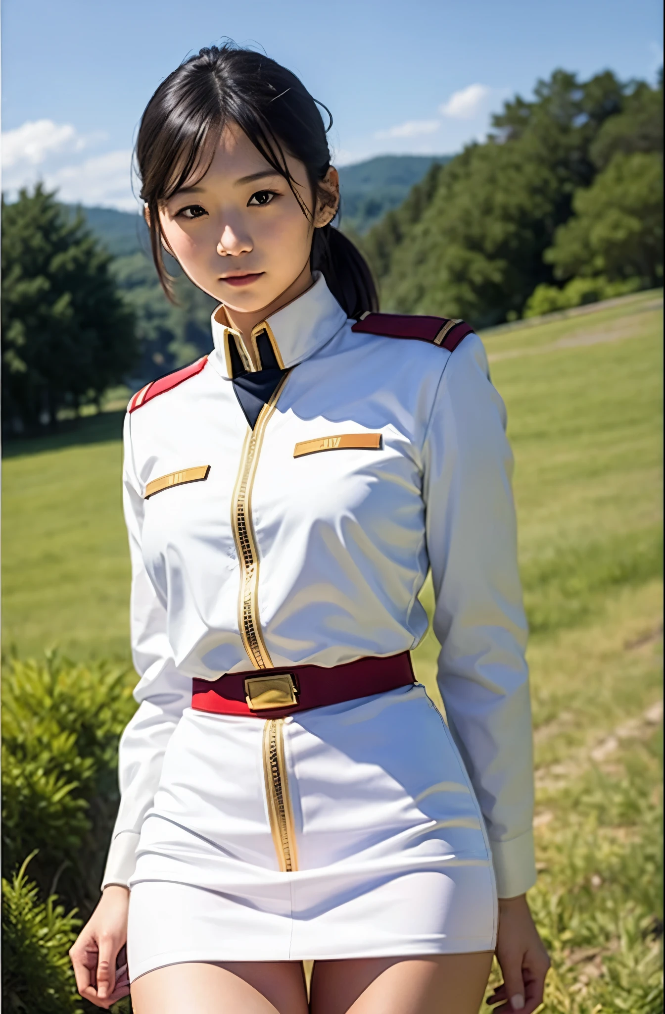 real photos、Highest im年 quality、realistic、Beautiful woman、beautiful thighs、beautiful face、real im years、federal army uniform miniskirt、ponytail、Yuriko Yoshitaka、16 years old Japanese female、Zuo々Ki Nozomi:1.4、pretty girl、white pantiesが見える、1６age、（white panties:1.3）、super mini skirt、beautiful thighs、white panties、ピンクのミニスカートがめくれてwhite pantiesが見えてる
