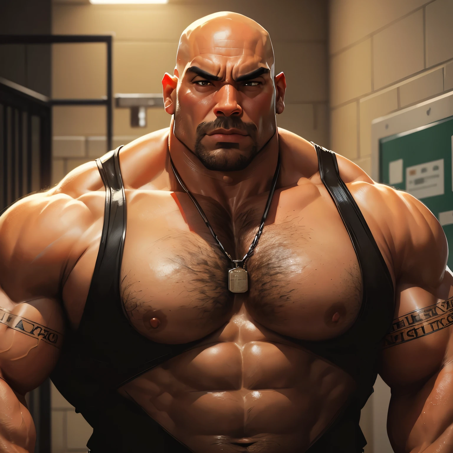 an exaggeratedly muscular and large bald bodyguard, beefy build, mixed race, (wearing brown prison warden uniform: 1.2), dogtag necklace, (bara pecs: 1.3), (arm and chest hair: 1.1), close-up portrait HD, grungy prison hallways