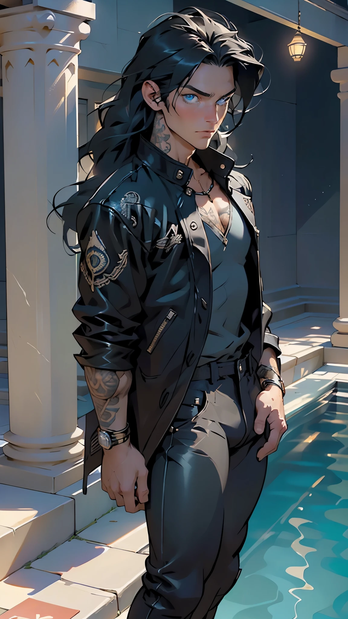 photography of a heavy metal star, a solo man, 25 years old, singer, bad boy, black eyes, expressive look, long dark blue black hair, straight hair, blueshine hair, unshaven, black leather jacket, leather pants, chest tattoo, super detailed face, perfect shapes,
(male:1.5), muscle, 1boy, pectoral, muscular, macho man, (((dark_blue_eyes:1.3))),intricate eyes,beautiful detailed eyes,symmetrical eyes,
(heavy metal clothes),(((dark coat))),((bulge in pants)),(((intricate outfit,intricate clothes))),
(dynamic pose:1.0),embarrassed,(centered,scale to fit dimensions,Rule of thirds),
((beautiful bath house made of greek marble and pillars, beautiful clear water in pool)),scenery:1.25,((intricate scenery)),((greek temple background)),
(Glossy greek ornaments),highres,sharp focus,(ultra detailed,extremely detailed),(photorealistic artwork:1.37),(extremely detailed CG unity 8k wallpaper),(((vibrant colors,vibrant theme))),(intricate),(masterpiece),(best quality),artistic photography,(photography taken by sldr),(intricate background),perfect rendered face,perfect face details,realistic face,photo realistic,((intricate detail)),(((realism))),