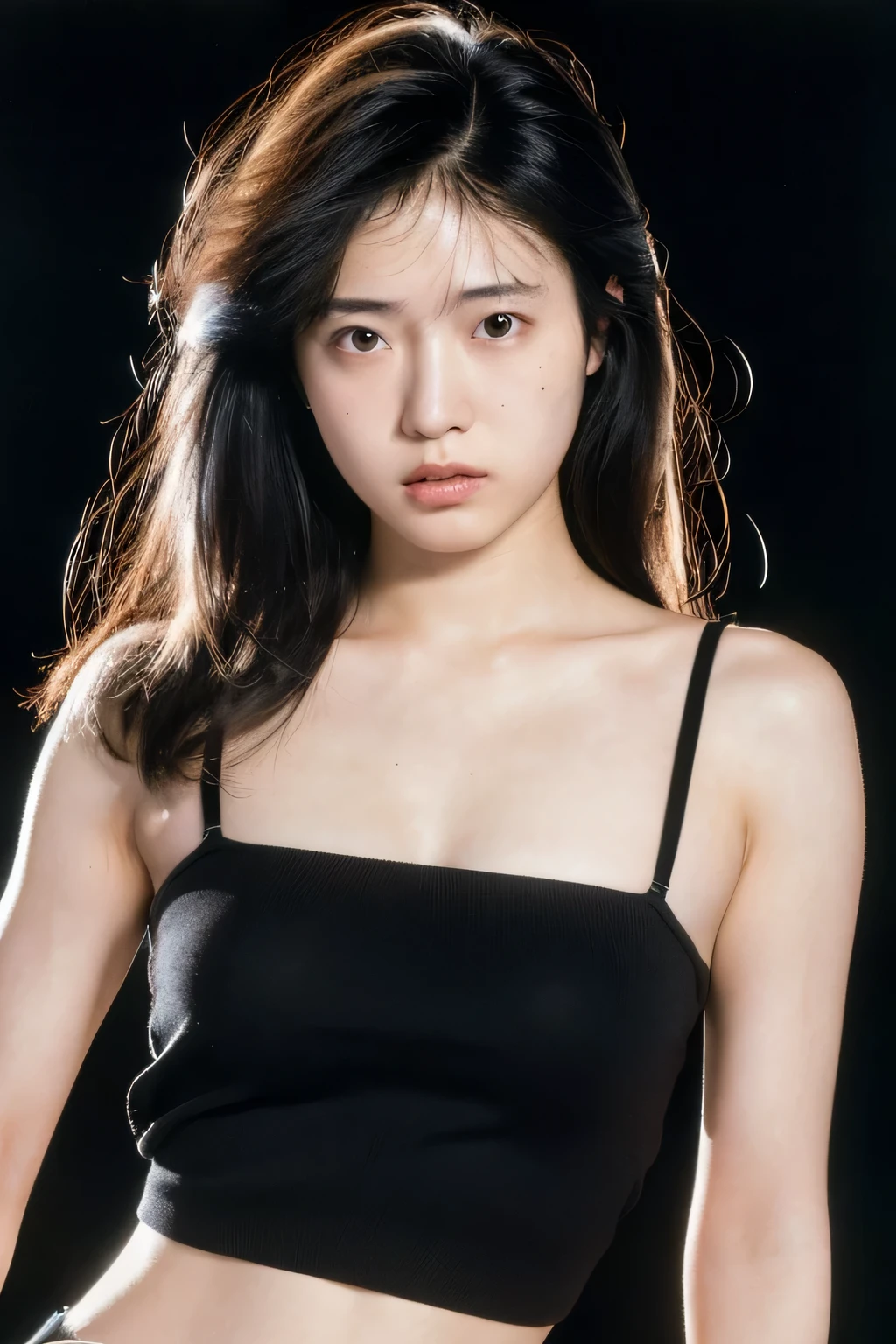 (masterpiece, realistic, ultra high resolution, high quality:1.2), 1 girl, (young),(no makeup), black hair, portrait, old photograph, 80's style , dynamic pose, studio, ((akinanakamori)) , big breasts