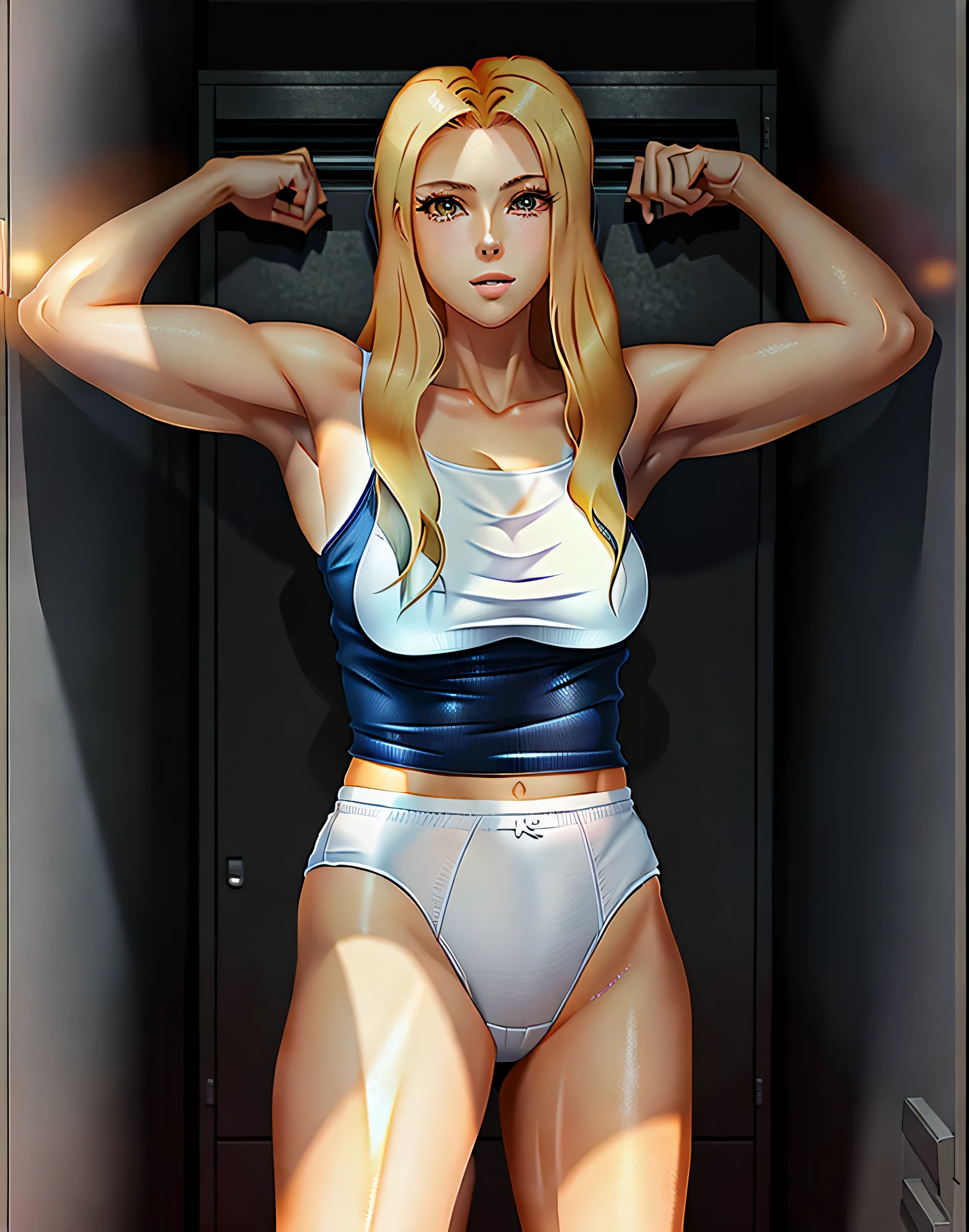 ((((masterpiece, best quality)))), ((35 year old)), (((Curvy))), ((Buff)) ((Norwegian woman with long blonde hair)), in ((white tanktop)), ((white high cut cotton panties)), ((Large Hips)), ((Standing in a cluttered locker room)), ((((anime art style))))