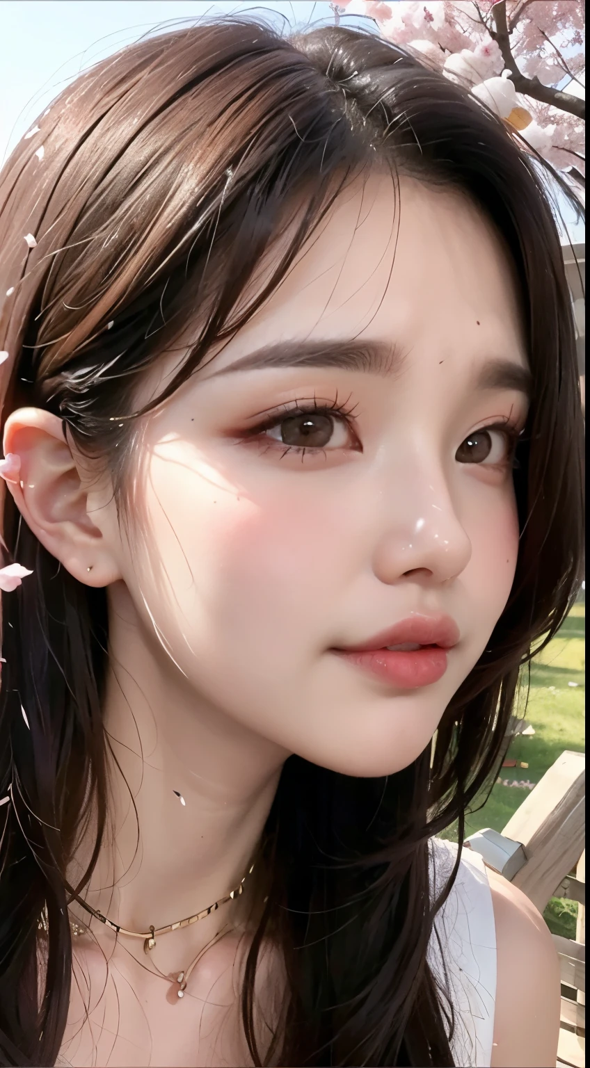 Mustepiece, top quality, illustration, ultra-definition, fine details, high resolution, 8K wallpaper, perfect dynamic composition, beautiful detailed eyes, wearing a dress, natural colored lips, random cute pose, perfect and beautiful face, cute, sexy face, sunset, ecstasy face, feminine face, (cherry blossoms, cherry blossoms, falling cherry blossom petals, cherry blossom blizzard, falling petals), waving in the wind Hair, hair fluttering, pink cherry blossoms, petals dancing, cherry blossom snowstorm, wonderful scenery, sunrise, background sun, wind,