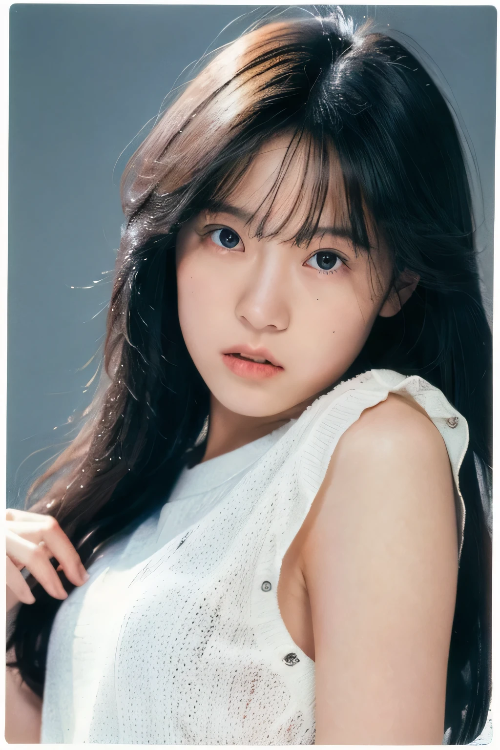 (masterpiece, realistic, ultra high resolution, high quality:1.2), 1 girl, (young),(no makeup), black hair, portrait, old photograph, 80's style , dynamic pose, studio, ((akinanakamori))