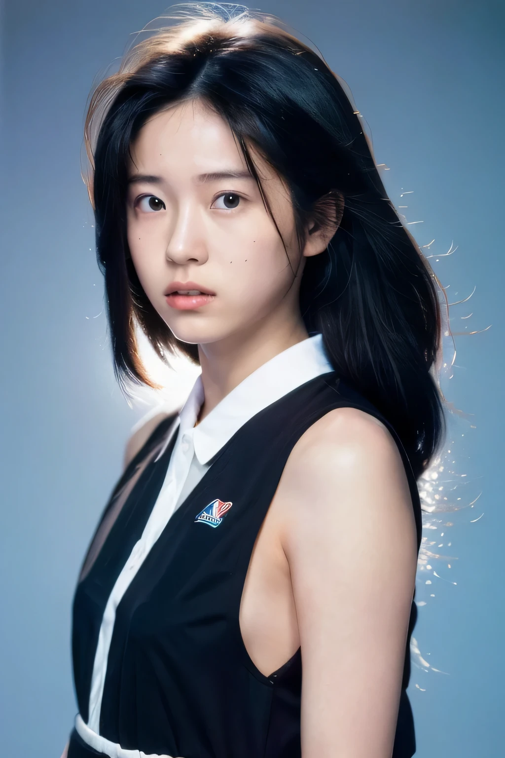 (masterpiece, realistic, ultra high resolution, high quality:1.2), 1 girl, (young),(no makeup), black hair, portrait, old photograph, 80&#39;s style , dynamic pose, studio, ((akinanakamori))