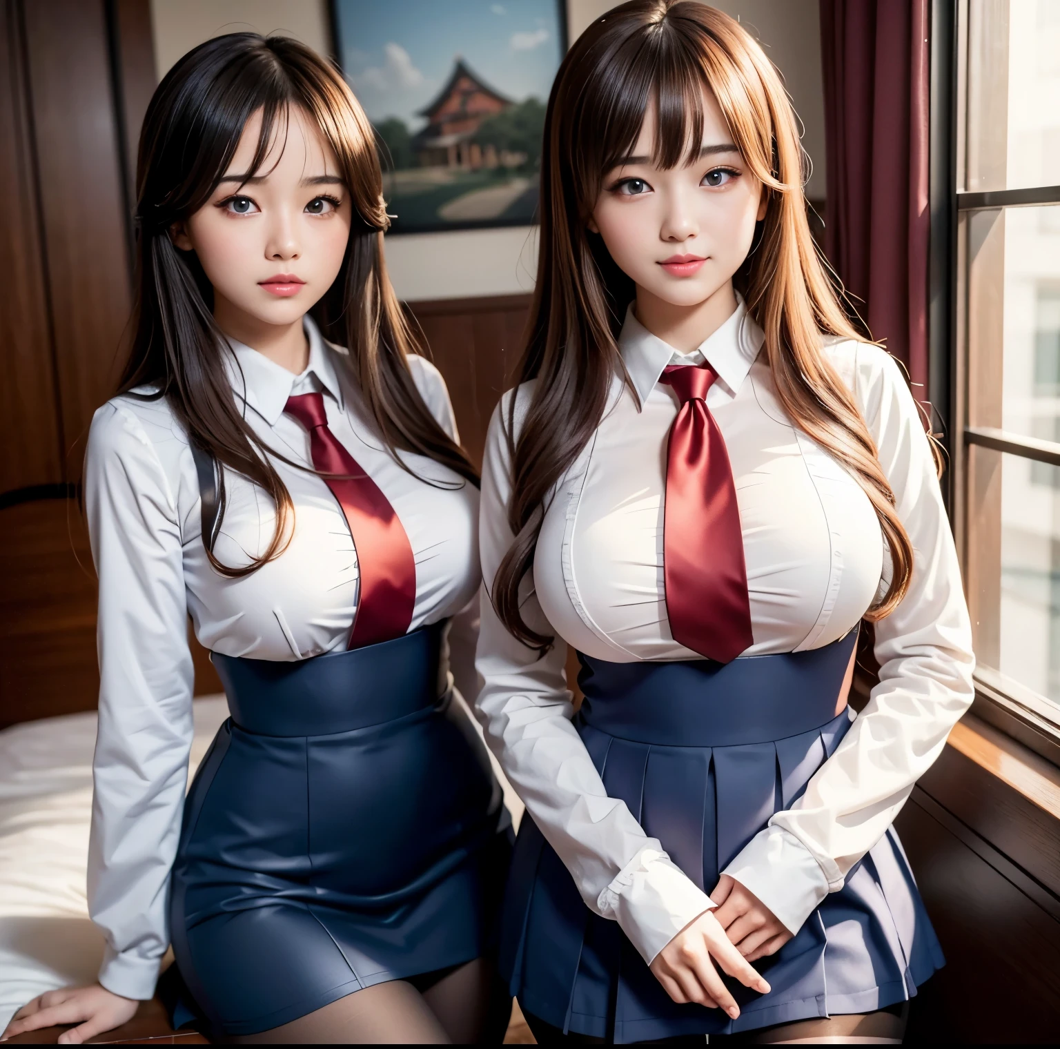 highest quality, 8K image quality, masterpiece, Professional shadowless lighting,,8k wallpaper, highly detailed, illustration, Two Asian girls with long hair, hot thick red lips Extremely detailed 4k eyes and face, beautiful beautiful blue eyes, with huge breasts, bewitching thighs, full body and big tail, soft smile, wearing school uniforms with shiny pantyhose posing sexy hyperrealistic, hyperrealistic , realistic , anime girl in real life, cosplay anime girl, dressed as a  , Japanese goddess, realistic, cute schoolgirls,