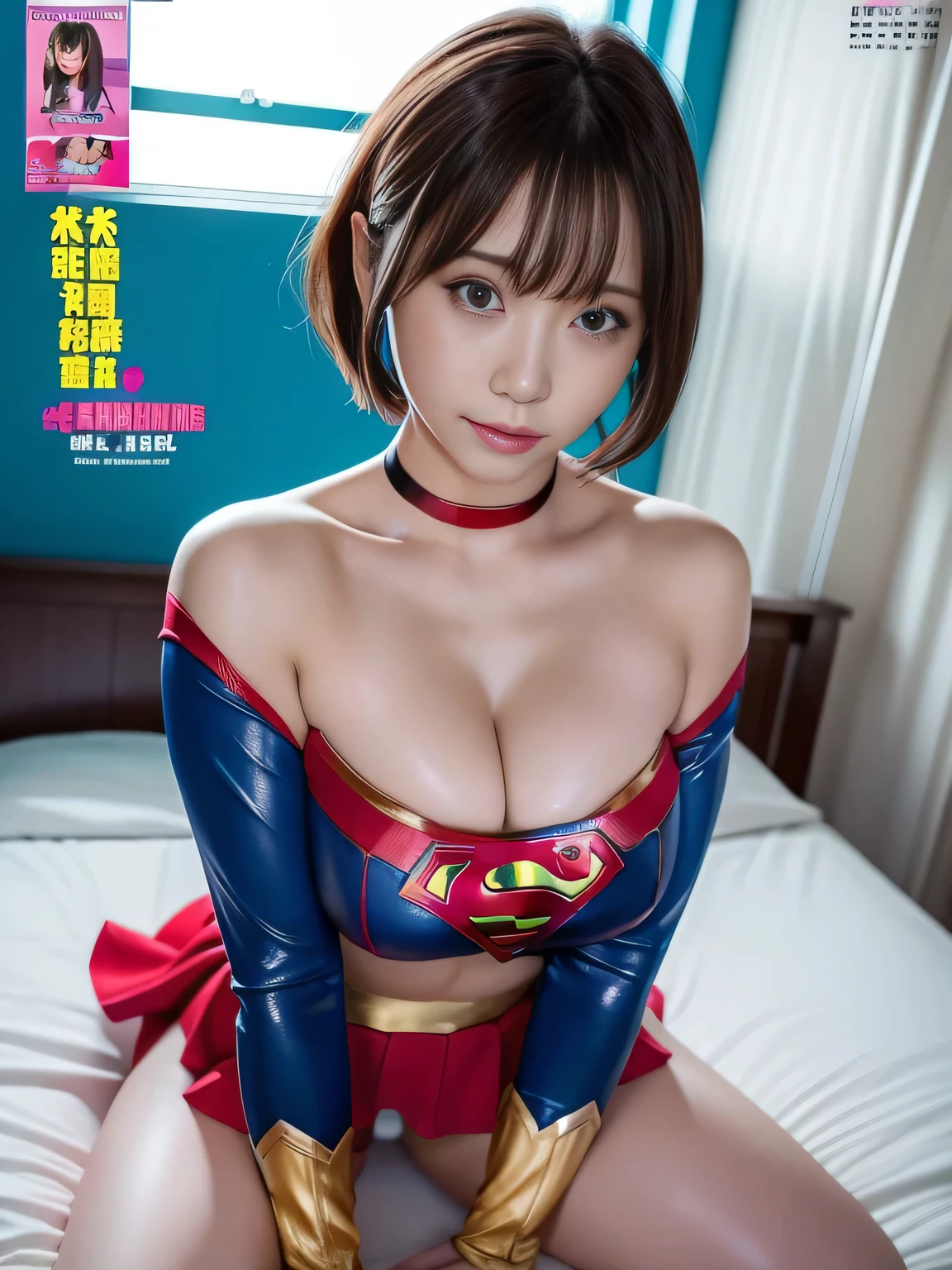 masterpiece、supergirl costume、short hair、barefoot、big and full breasts、Rest rooms、crazy about masturbating on bed、Seduce in sexy poseodel body shape、shiny、looking at camera、choker、long sleeve、red mini skirt、Weekly magazine cover、gravure magazine、sweaty、Exciting、