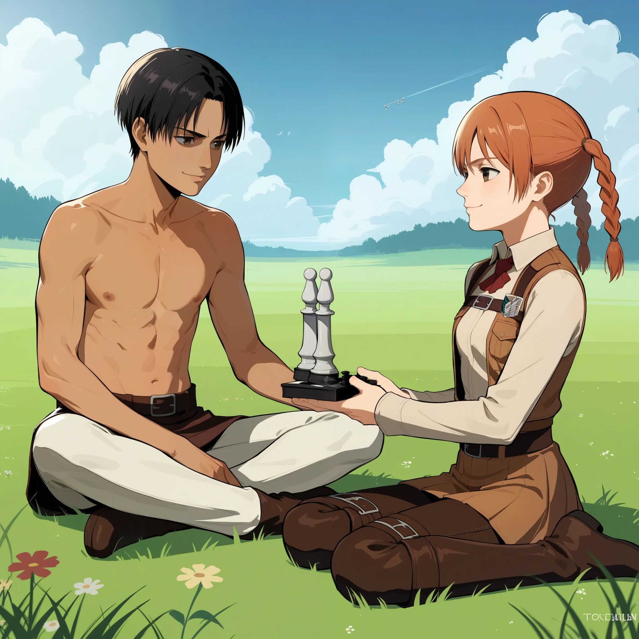 score_9, score_8_up, score_7_up, score_6_up, source_anime, BREAK by ikuchan kaoru, iku, clean color, flat color,  duo, playing chess, chess, playing, skinny, attack on titan, medieval, medievaloutfit, grassy field, sitting on grass, SITTING DOWN, outdoors, field, snk, aot, BREAK, 1girl, outdoors, aged down, wearing skirt, ginger pigtails, braided pigtails, attack on titan style, aot, snk, smug, thoughtfull, smug expression, BREAK, 1boy,brown skinned male, brown skin, brown eyes, black hair, nude, frustrated, looking at one another, brown boy, teen  teenage b