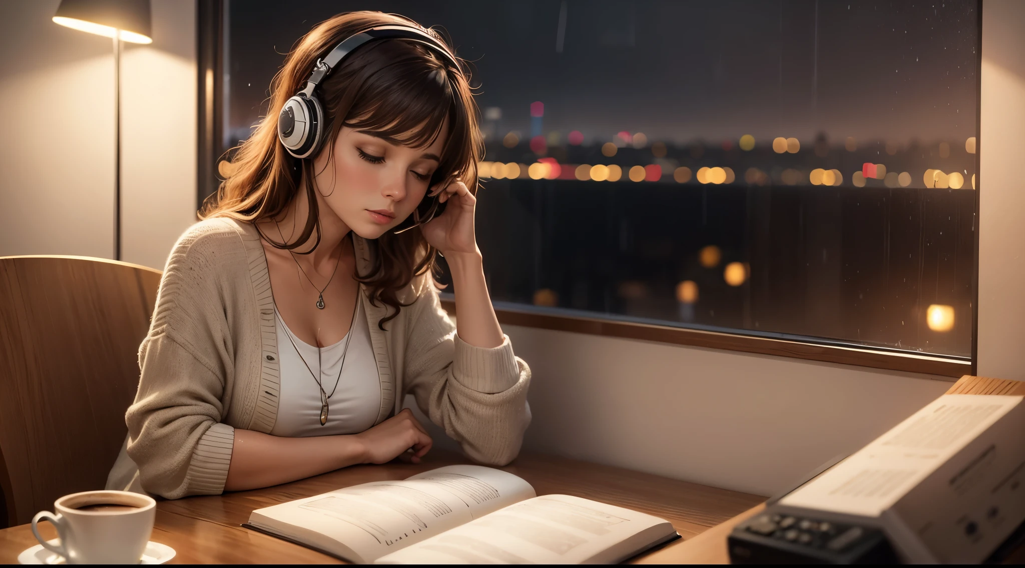 a woman listening to music, Escrita, a cup of coffee,noite,janela, vela, rain outside