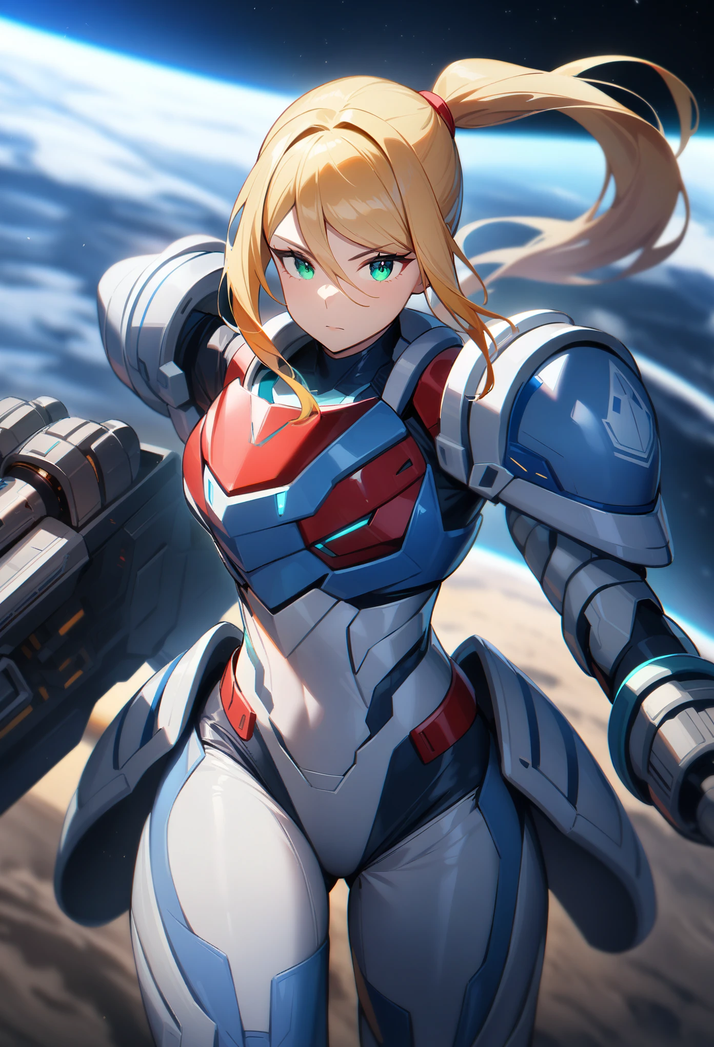 1girl,Samus aran,solo,green eyes,blonde hair,white blue power armor,ponytail,arm cannon,red chest armor, big shoulder armor,cowboy shot,in space ship,zero gravity,Science fiction,ultra-detailed,sharp focus,aesthetic,(best quality)