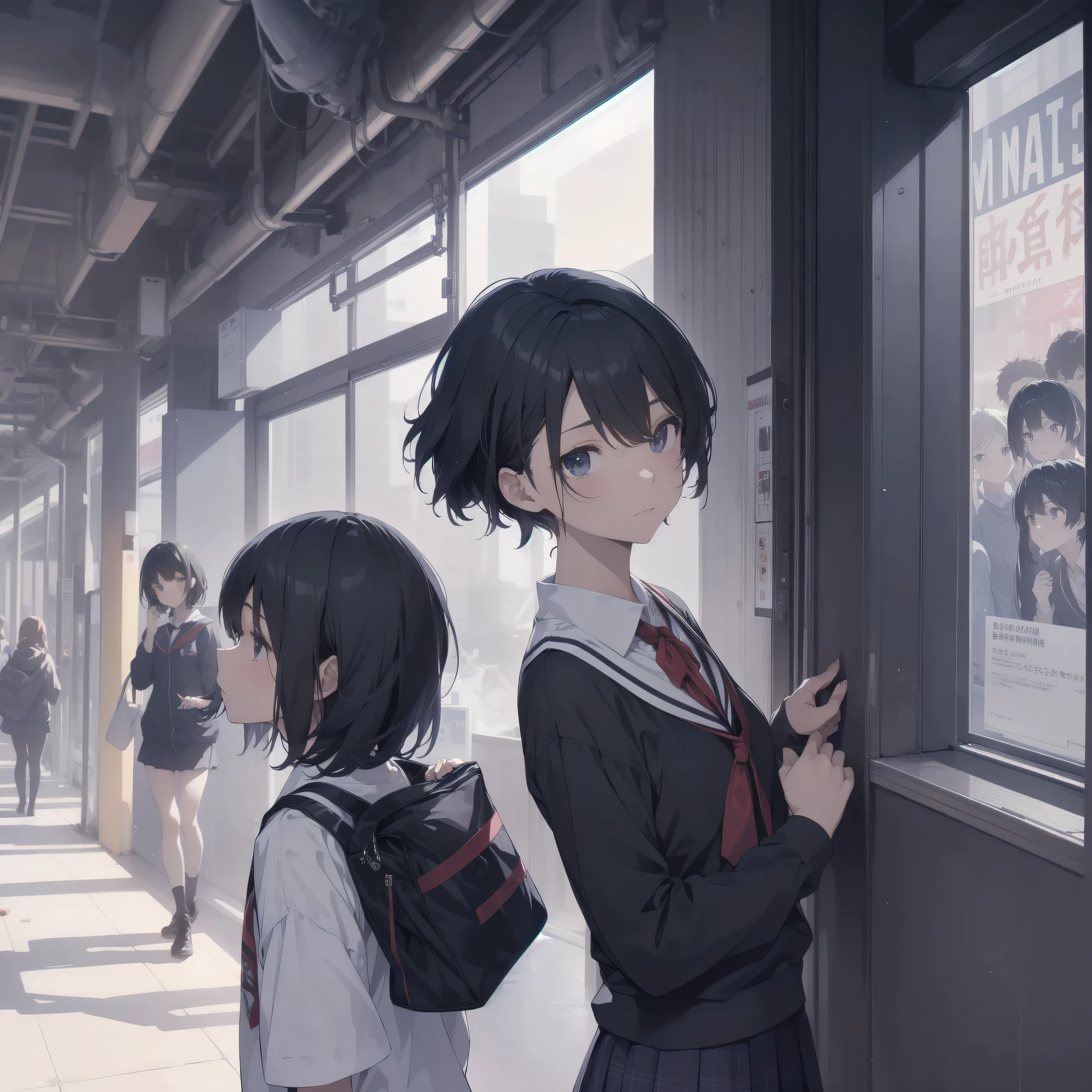 ultra-absurdres-Top quality by art God, ultra-detailed, high resolution, anime moe artstyle, best anime 8k konachan wallpaper, pixiv contest winner, perfect anatomy,break, 1girl, (Please draw a girl walking sleepily to school alone. )break,(Solo,little female, 13-year-old:1.3),Full limbs, complete fingers,a junior high school student, Attractiveness of immature bodies, (very short hair), short cut, flat chest, , small butt, groin, small black eyes, beautiful detailed eyes, well-proportioned iris and pupils, expressive eyes, highres detailed hair, soft expression, school_uniform, pleated skirt,(Detailed Lighting), (Detailed background), in the School commute route. break,super detailed skin, Best cinematic lighting powered by famous artist, 8k,beauty illustration,photoshop_(medium),very aesthetic,UHD,textured skin,break,((artist:core)), artist:fukahire_(ruinon),artist:shinkai makoto,artist:sekiya asami,artist:kantoku,
