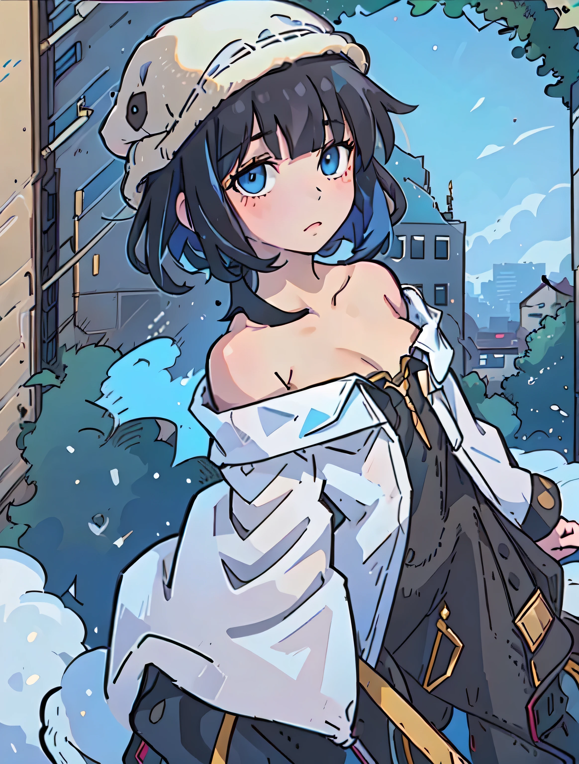 1 girl,short hair, black hair, blue eyes, dress, bare shoulders, chest, soft light, Wearing a deerstalker hat, frank, in the middle of the city, afternoon