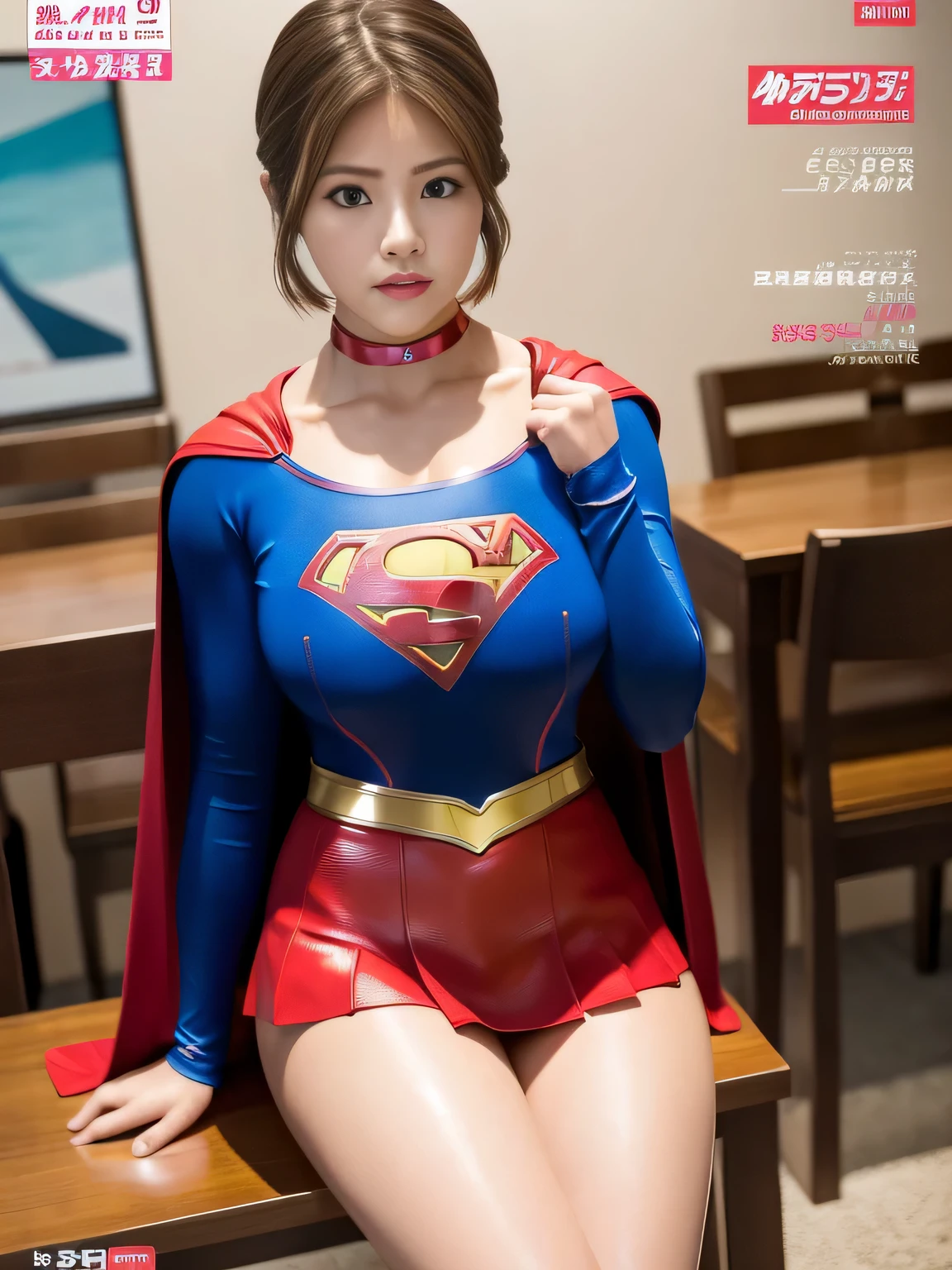 masterpiece、supergirl costume、short hair、enamel boots、big and full breasts、Crisis situation、sit on a chair、model body shape、shiny、long sleeve、looking at camera、choker、red mini skirt、Weekly magazine cover、gravure magazine、sweaty、whole body、from right in front、High leg、Seduce、