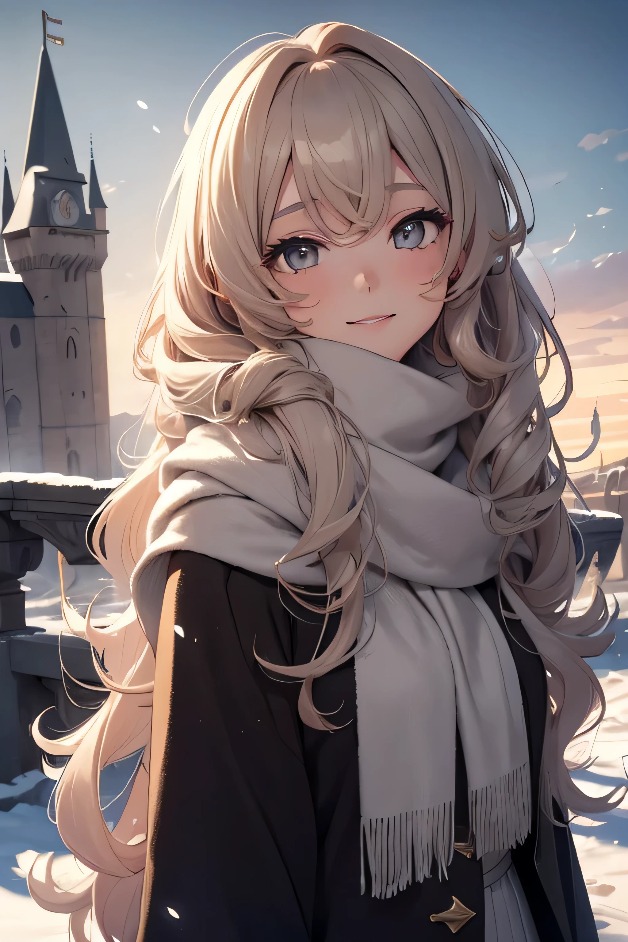 1girl, beautiful, elegent, beautiful, elegant, beautiful, elegant, golden_hair, long hair, curly_hair_at_bottom, baeutiful_grey_eyes, winter_clothes, medium_chest, black+castle_background, cinematic anime qiality, highres, masterpiece, sweater, scarf, smile, looking away from the viewer