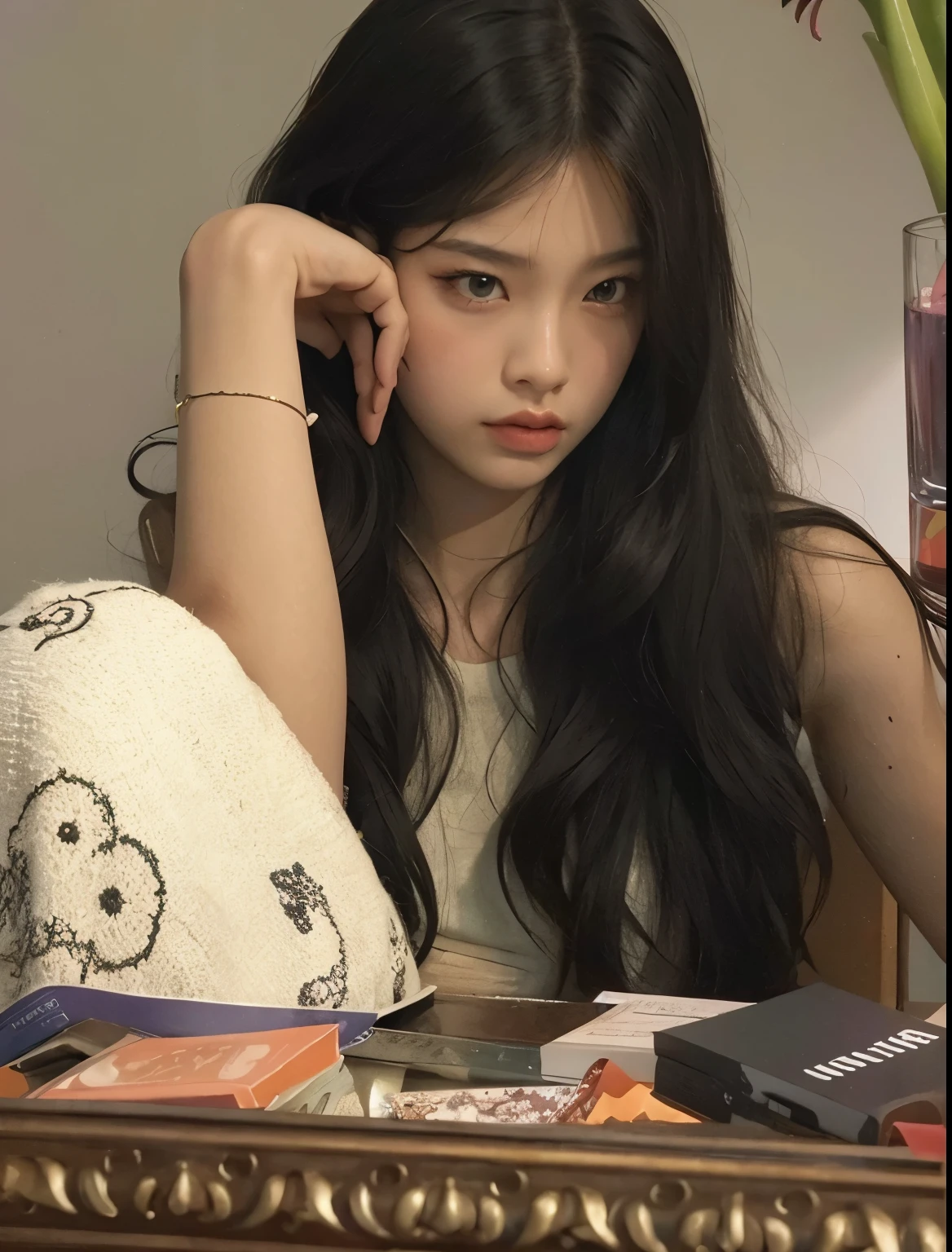 arafed woman with long hair sitting on a bed with a tattoo on her arm, with long hair and piercing eyes, cruel korean goth girl, ulzzang, asian girl with long hair, large eyes and flowing long hair, with long hair, elf long weaving brown hair, pigtails hairstyle, girl with super long hair, goth girl aesthetic, 🤤 girl portrait