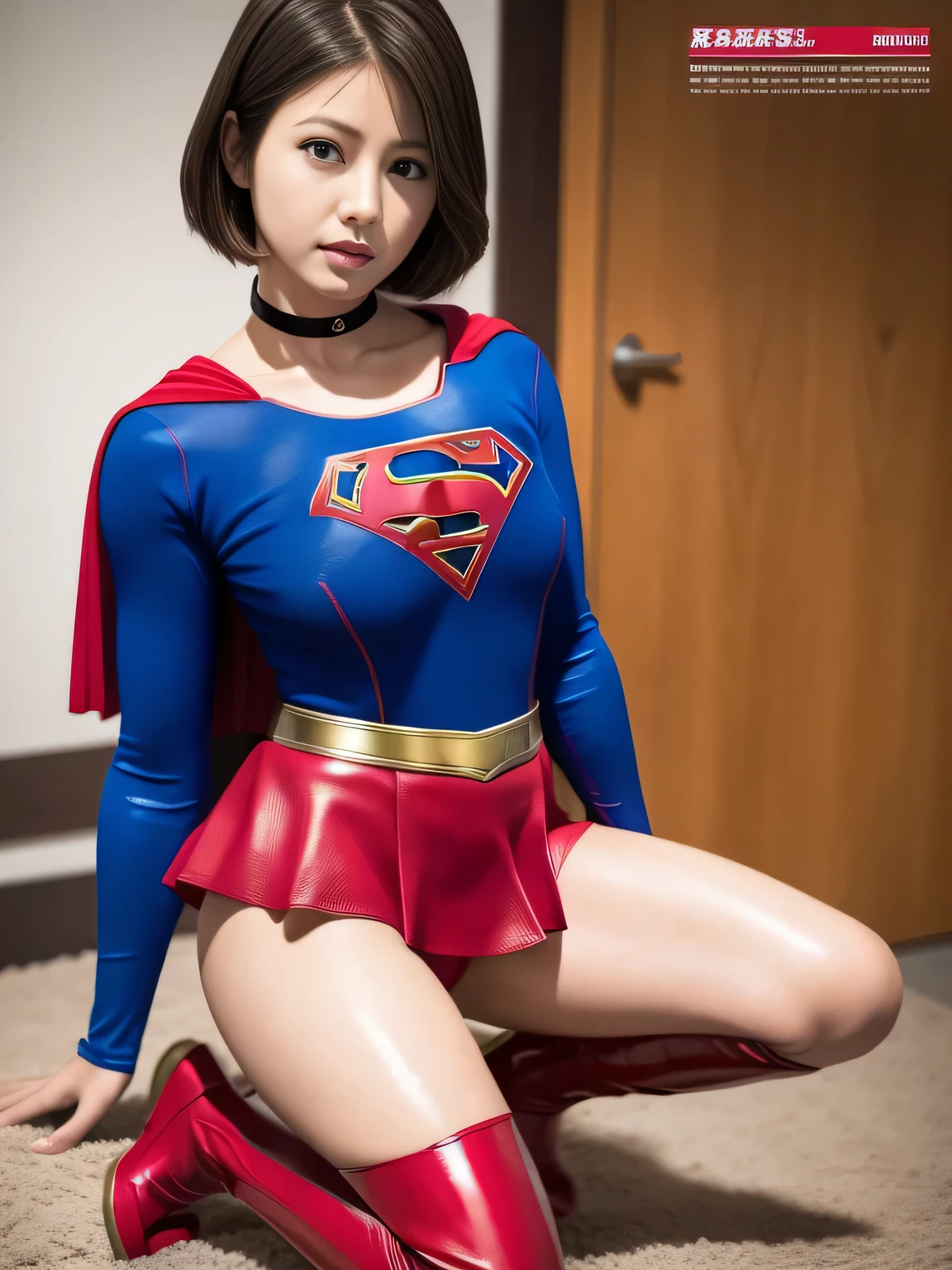 masterpiece、supergirl costume、short hair、enamel boots、big and full breasts、Crisis situation、straddle the human model、model body shape、shiny、long sleeve、looking at camera、choker、red mini skirt、Weekly magazine cover、gravure magazine、sweaty、whole body、from right in front、High leg、