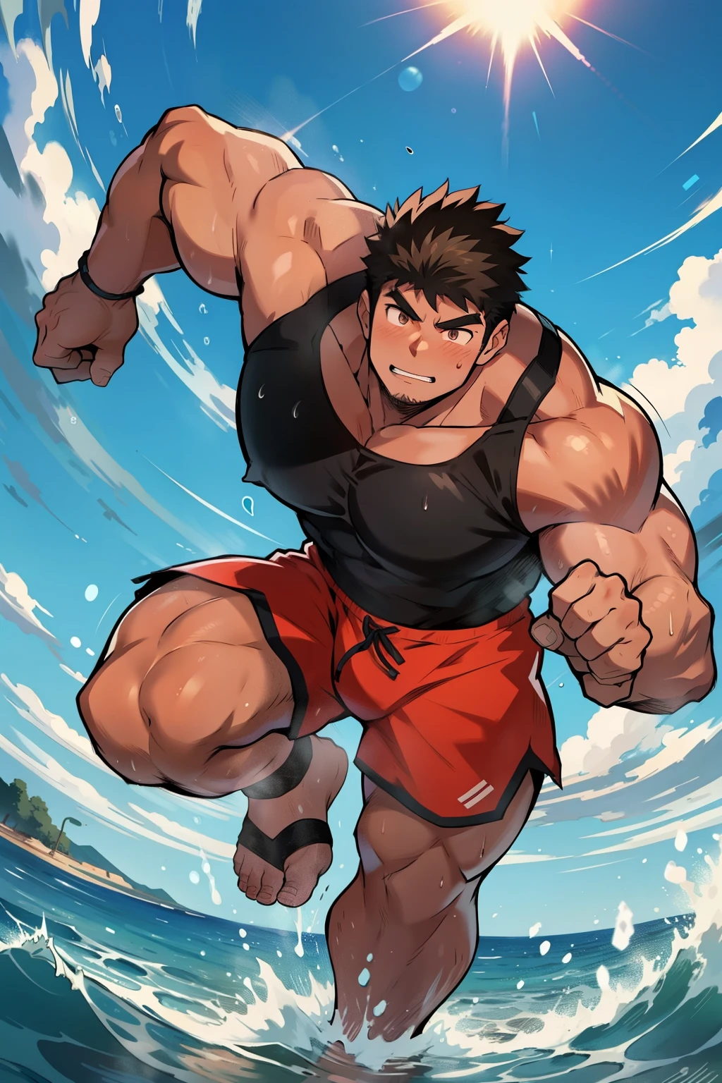 In the heart of a manga-inspired world, a strong hunk, rippling with muscles and determination, is shown mid-run. His bulging biceps and washboard abs glisten under the sun, as beads of sweat trickle down his stubble-covered face. His piercing gaze, focused intently on the horizon, bears the intensity of his unyielding spirit. His short, messy hair billows in the wind behind him, and his athletic build is accentuated by the loose-fitting tank top and running shorts that he wears. The power and grace of his movements are captured in each line and curve in this stunning, high-resolution artwork.