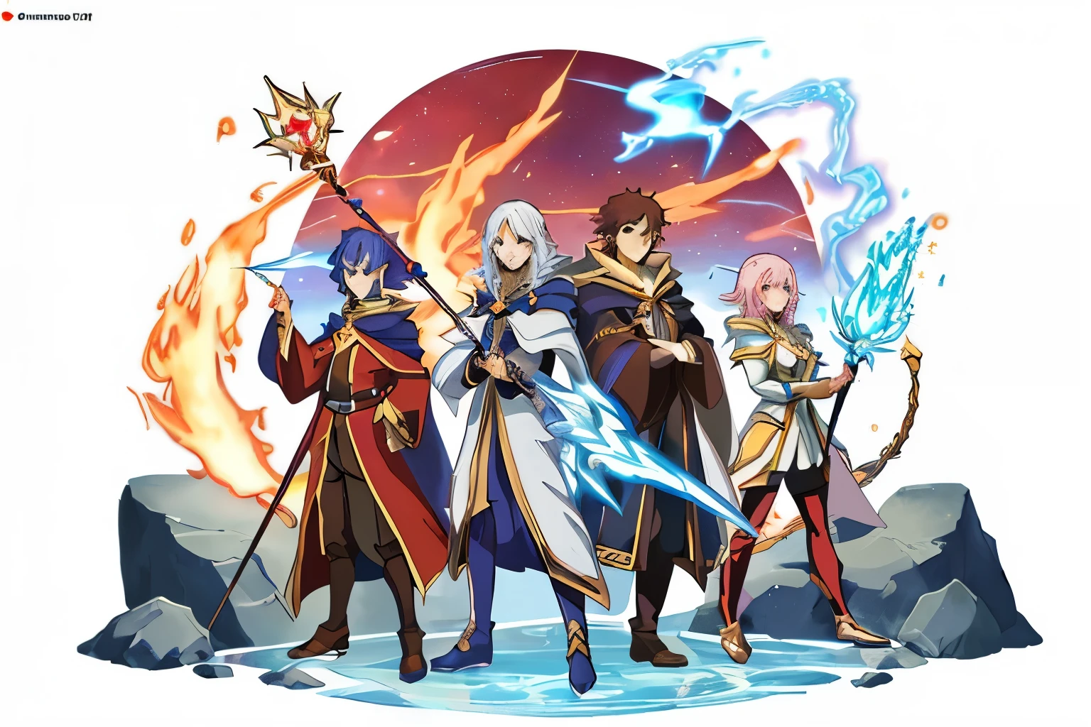 illustrated anime, multiple wizards behind a magical staff, (logo), elemental powers, fire, ice, earth, water, lightning, (white background), vibrant colors, high quality, 2 females, 2 males, simple cartoon style, detailed faces,