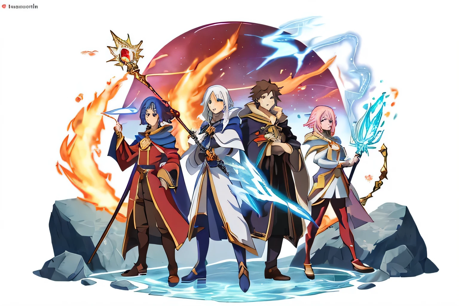illustrated anime, multiple wizards behind a magical staff, (logo), elemental powers, fire, ice, earth, water, lightning, (white background), vibrant colors, high quality, 2 females, 2 males, simple cartoon style, detailed faces,