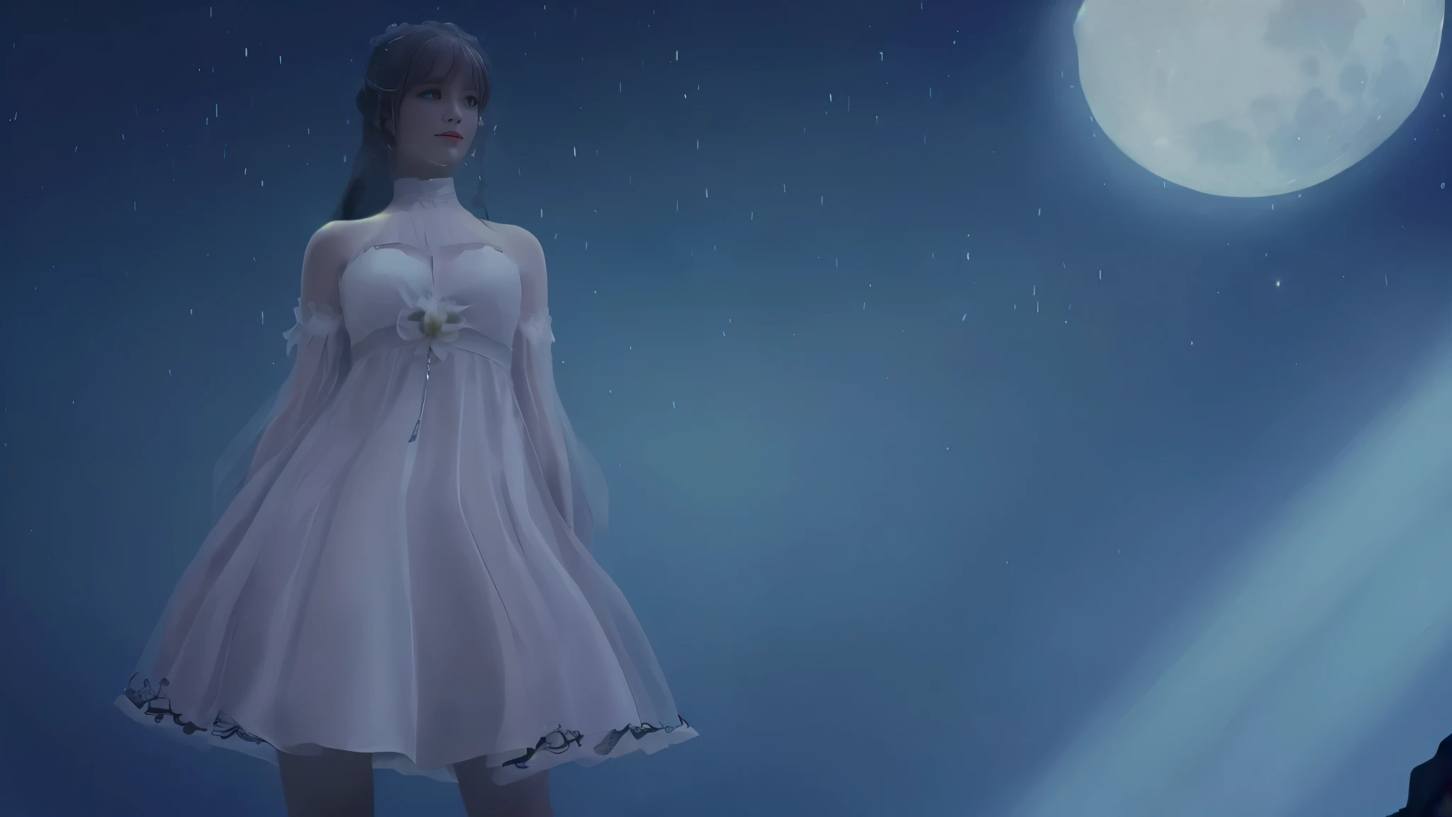 there is a woman in a white dress standing Au clair de lune, lunar themed outfit, Soft moonlight illumination, doux clair de lune bleu, Au clair de lune, la lueur du clair de lune, the moon behind her, Ethereal & Dreamy, nuit de rêve, debout au clair de lune, Nico porte une robe blanche, dreamy and ethereal, la nuit au clair de lune, essence étheree, un alambic d&#39;an ethereal