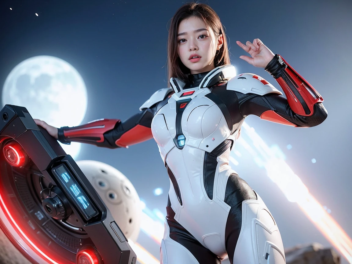 (Raw photo, highest quality), (realistic, Photoreal:1.3), 1 girl、realisticbody、Pleiades space warrior、white and red battle suit skirt、spaceship coming from space、Battle against reptilian aliens、shield and ray gun、serious expression