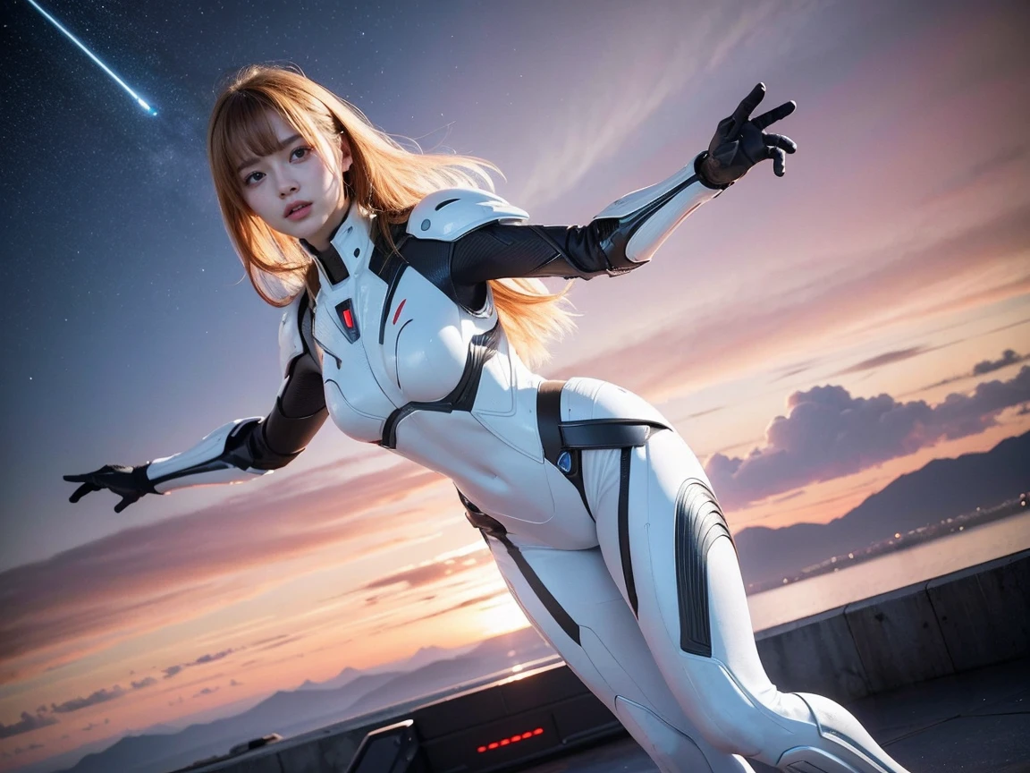 (Raw photo, highest quality), (realistic, Photoreal:1.3), 1 girl、realisticbody、Pleiades space warrior、white and red battle suit skirt、spaceship coming from space、Battle against reptilian aliens、shield and ray gun、serious expression