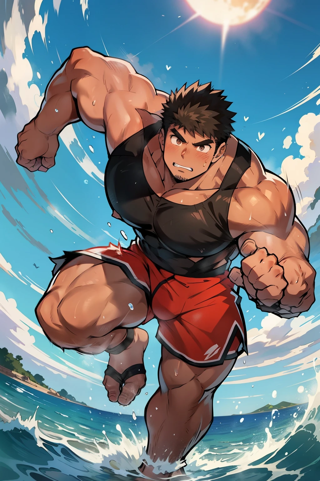 In the heart of a manga-inspired world, a strong hunk, rippling with muscles and determination, is shown mid-run. His bulging biceps and washboard abs glisten under the sun, as beads of sweat trickle down his stubble-covered face. His piercing gaze, focused intently on the horizon, bears the intensity of his unyielding spirit. His short, messy hair billows in the wind behind him, and his athletic build is accentuated by the loose-fitting tank top and running shorts that he wears. The power and grace of his movements are captured in each line and curve in this stunning, high-resolution artwork.