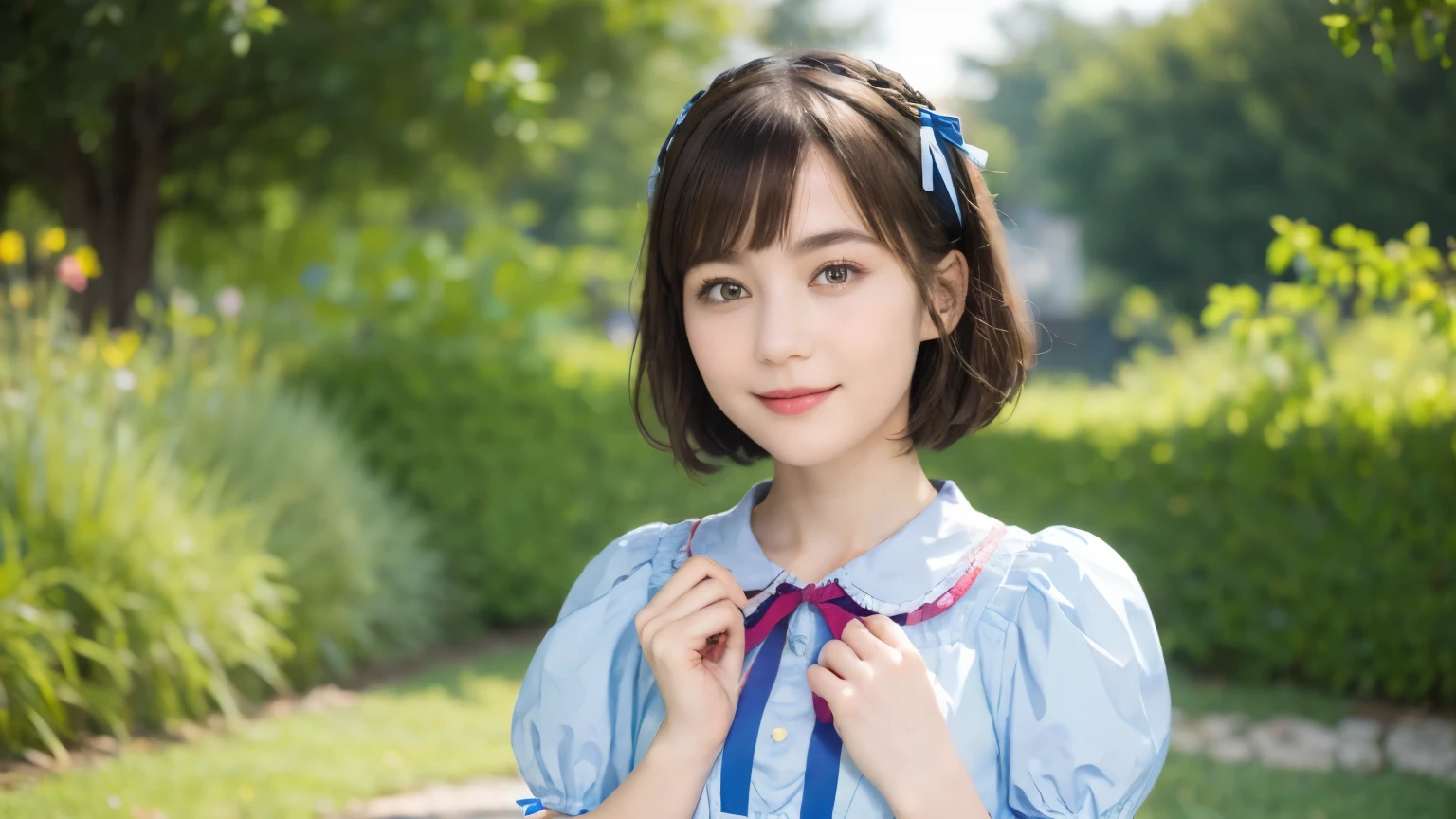(alice in wonderland), 189, (She wears a large triangular ribbon on her head.), short hair, young woman, gentle smile, colorful clothes
