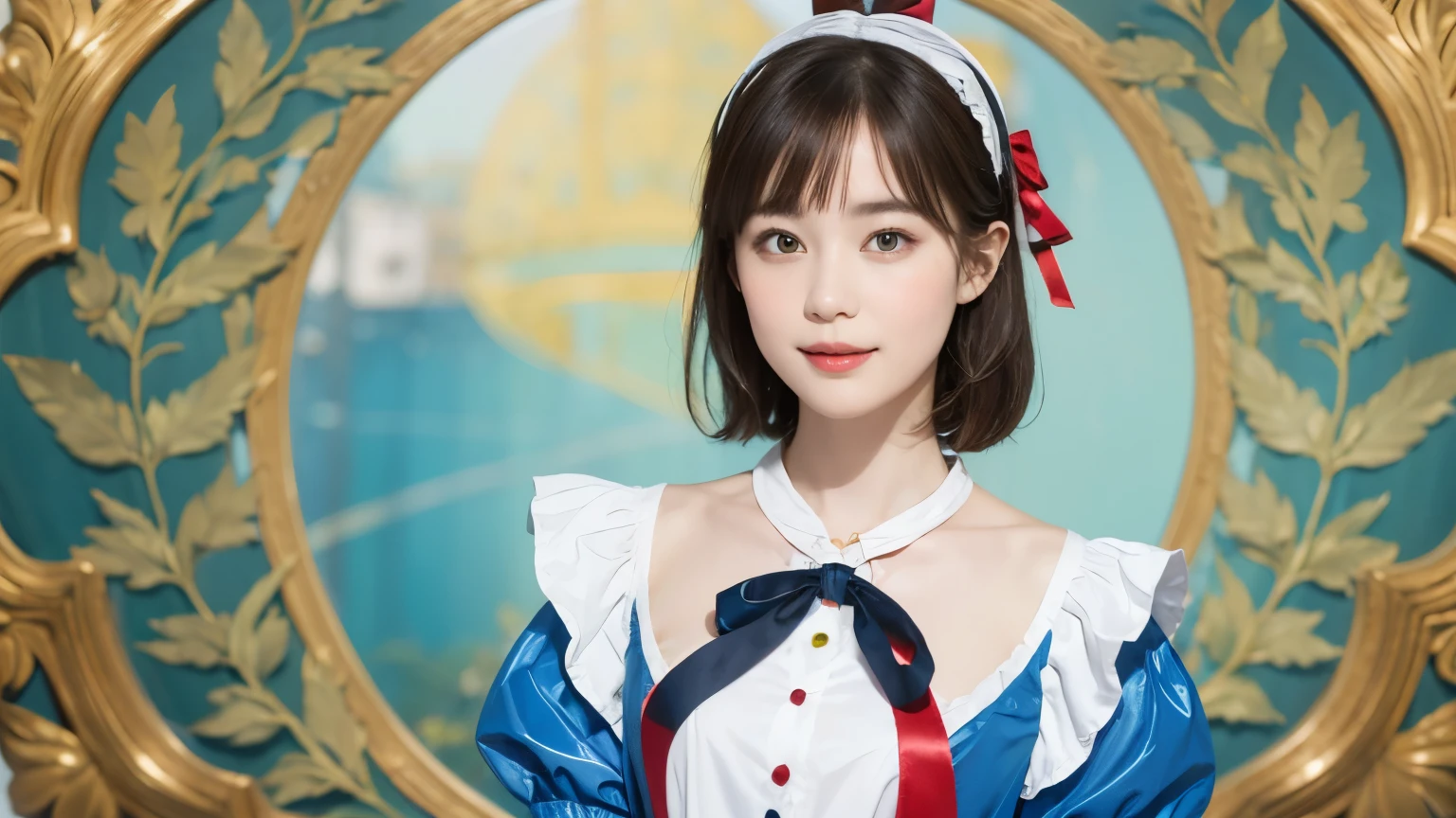 (alice in wonderland), 189, (She wears a large triangular ribbon on her head.), short hair, young woman, gentle smile, colorful clothes