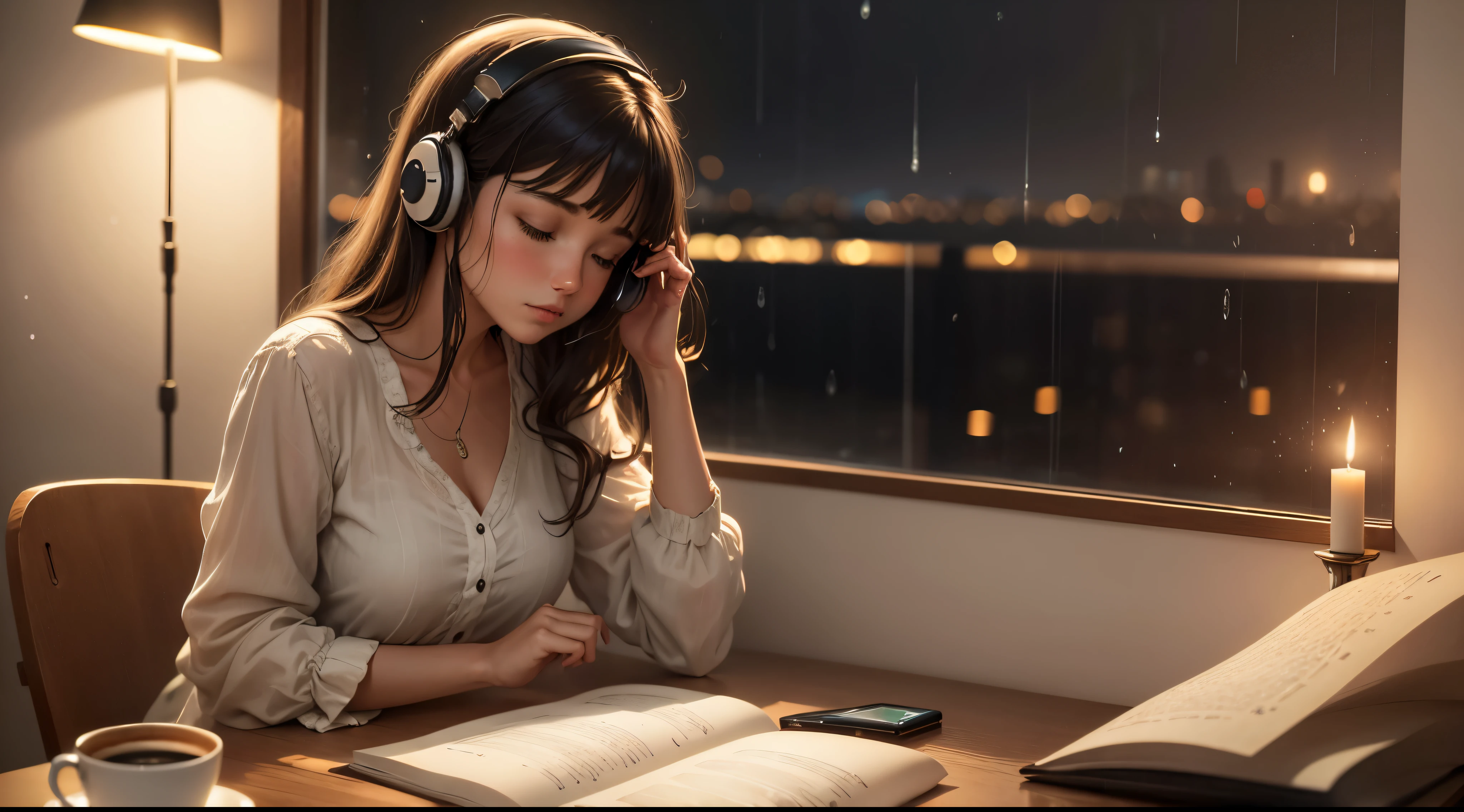 (best quality,highres),a woman listening to music,writing,a cup of coffee,night,window,candle,rain outside,music lover,detailed hands,dark atmosphere,warm lighting,artistic scene,cozy environment,mood,thoughtful expression,relaxing moment,tranquil setting,melancholic ambiance,soft music playing,creative inspiration,romantic evening,peaceful sound of raindrops,meditative state,gentle candle glow,reflection on the window,inspiring lyrics,comforting aroma,peaceful mind,gentle melodies,thoughts flowing through words,quiet solitude,calm and focused,writing in a diary,introspective mood,soulful connection,rhythmic tapping of the keyboard,lyrical words on paper,artistic soul,deep in thought,dreamy ambiance,serene night scene,literary inspiration.