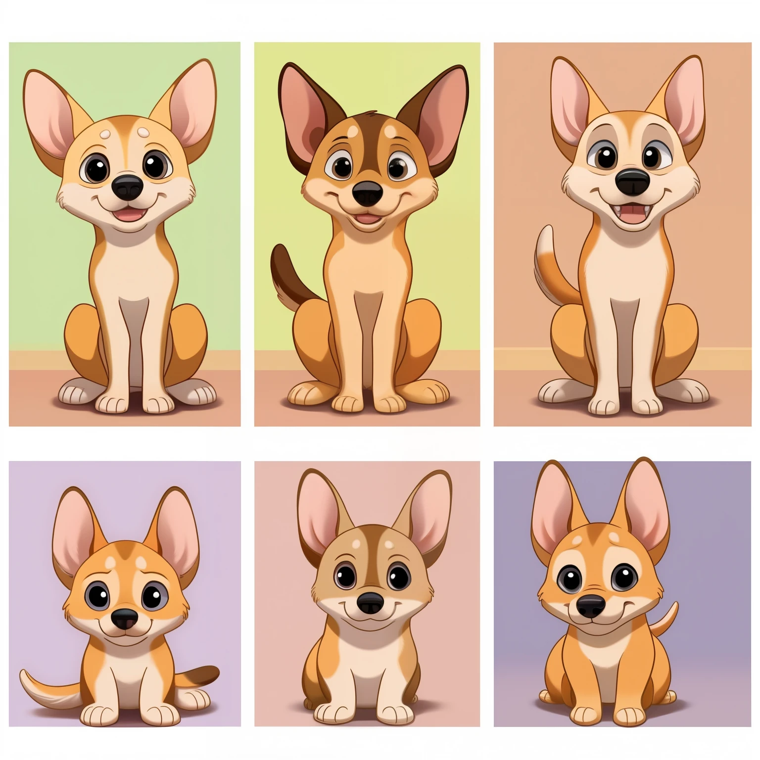 High-quality digital images depicting two adorable Chihuahua dogs in a charmingly animated Disney-style style. Estas ilustraciones muestran a los perros en poses juguetonas y expresiones alegres, with big, bright eyes that capture the sweetness and innocence of these little pets. Los detalles son meticulosos, from the soft fur to the small paws and ears. Each image is a masterpiece in itself, con un nivel de detalle y realismo asombroso. Las ilustraciones destacan en fondos coloridos y vibrantes,