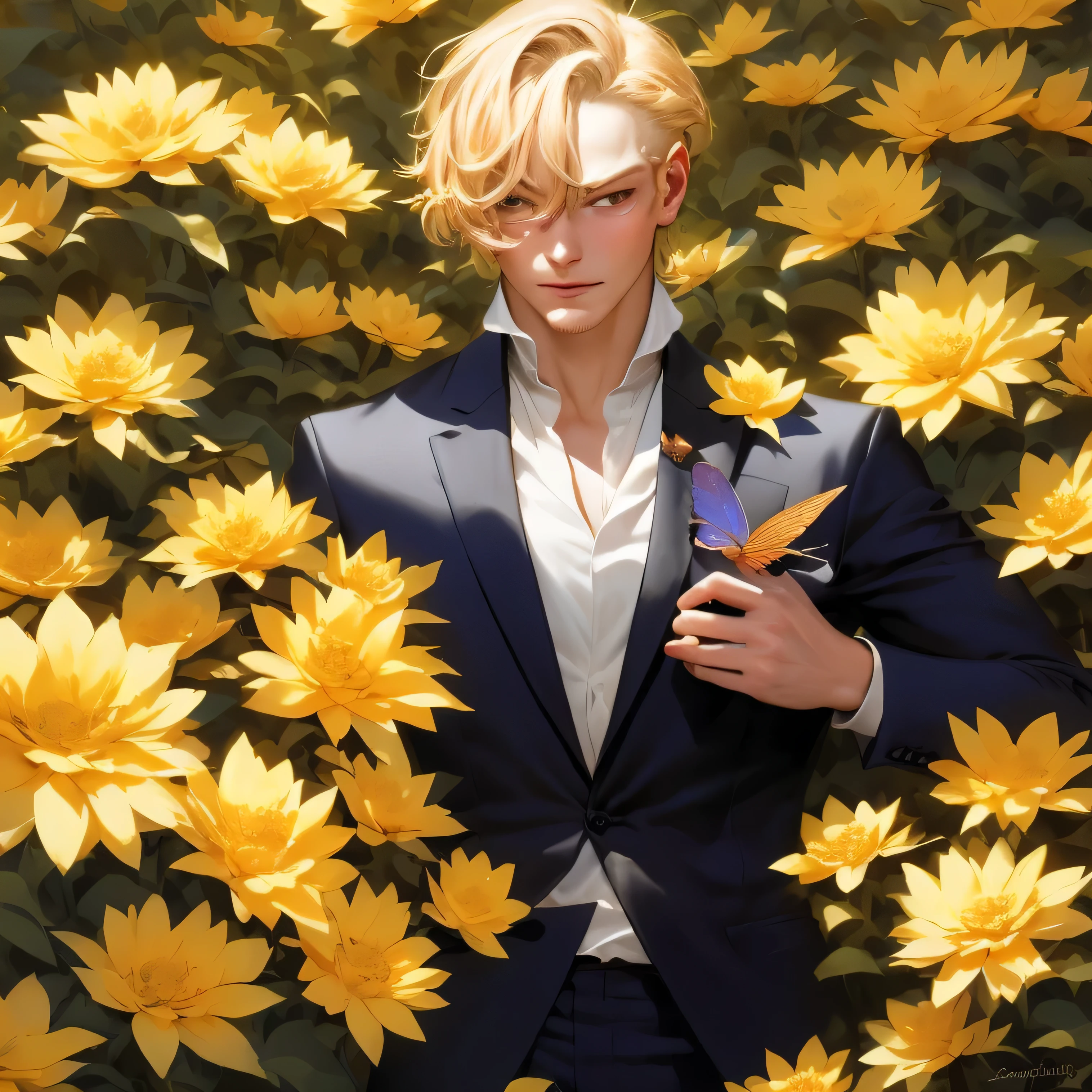 blond man with butterfly on forehead surrounded by sunflors, sanji, de arte, official Admirador de arte, high quality Admirador de arte, flor , detailed Admirador de arte, inspirado em Kurt Trampedach, capa de arte, Fan art &quot;, Admirador de arte, no art style by bowater, John Liebert, desenhado com photoshop, #1 pintura digital de todos os tempos, # 1 pintura digital de todos os tempos