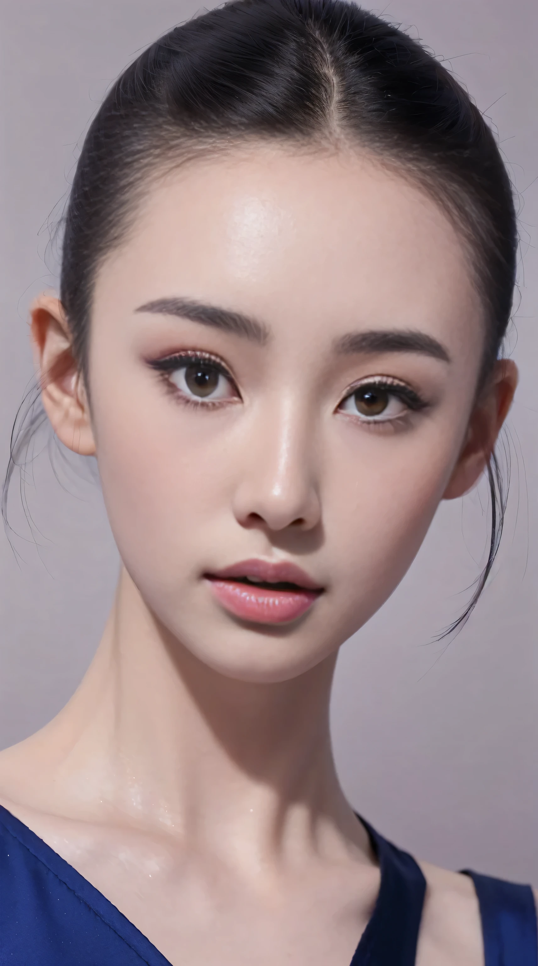 fashion model 18 years old [[[[Close-up face]]]], [[[[]]]], [[[[rape]]]], perfect eyes, perfect iris，perfect lips，perfect teeth，Perfect skin，Has fair skin，long face，slender nose，girl face，((Chinese ballet dancer&#39;s face))，Keep your eyes on the camera，A delicate face，Looking at the camera with sexy and charming eyes，take off shoulders，show your neck，low cut clothes，Raised sexy，Slim，（((face close-up:1.4))），gray background，4k ultra high definition, ultra high resolution, (lifelike: 1.4), best quality，masterpiece，（pastel colors：1.2），（face shot:1.4)
