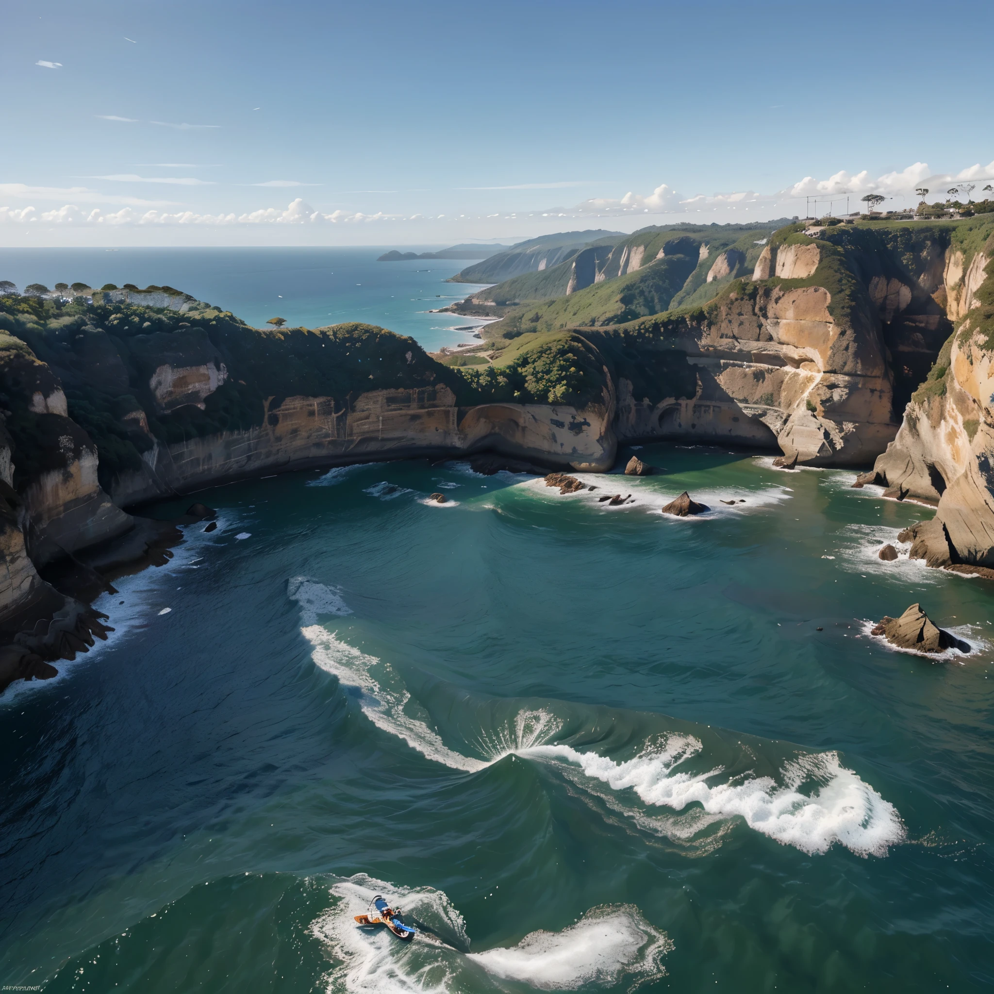 Uma pessoa de longe de costa, em cima de pedras plana, perto do mar, camera na vertical, horizontal, ceu azul com nuvens branca, tom de luz no mar, sombra perfeita, bem detalhado, obra prima, Ultra resolution, 4k hd
