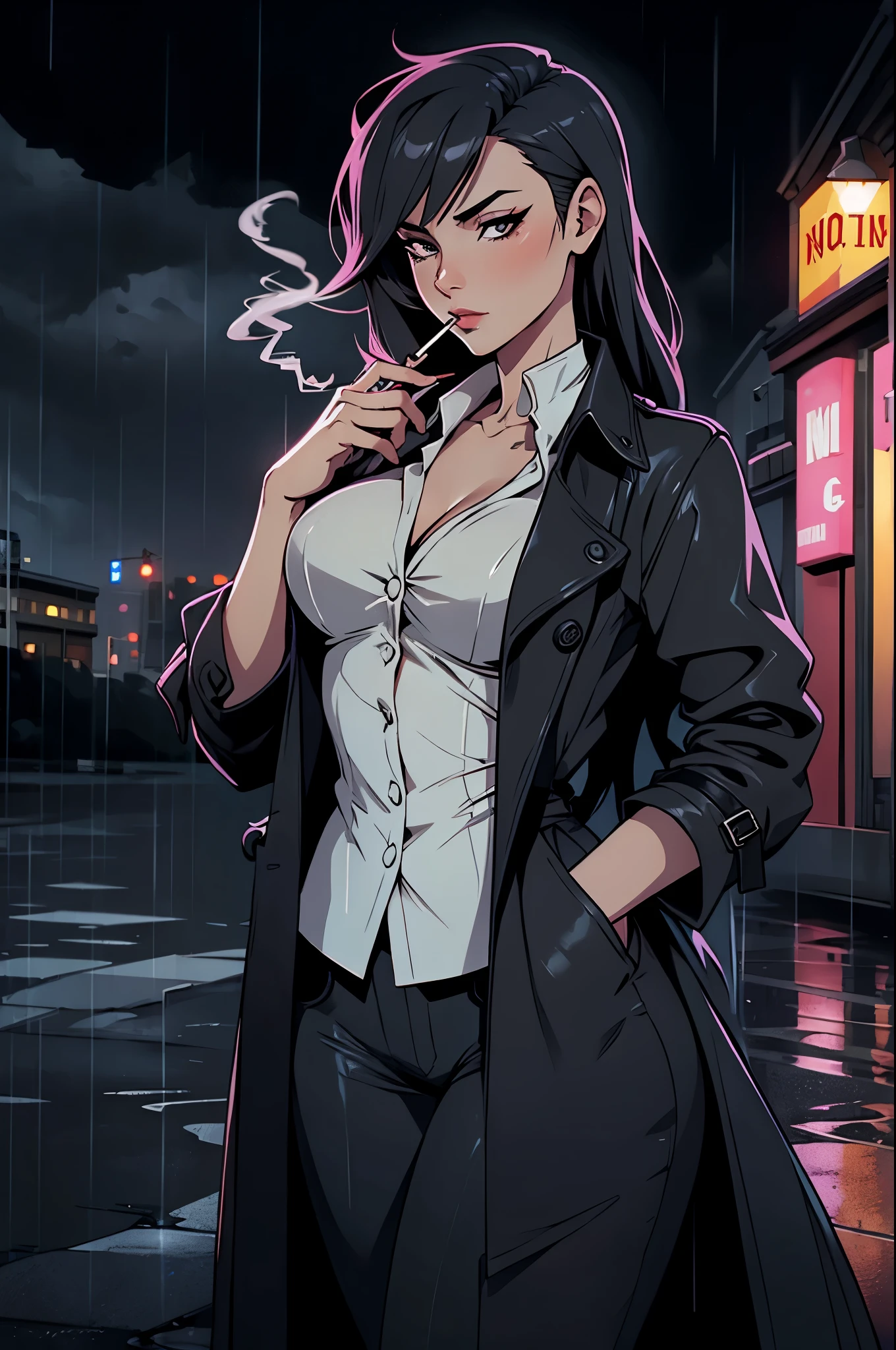 femme fatale, smoking cigarette, beautiful woman, in rain, dark stormy night, trenchcoat, noir