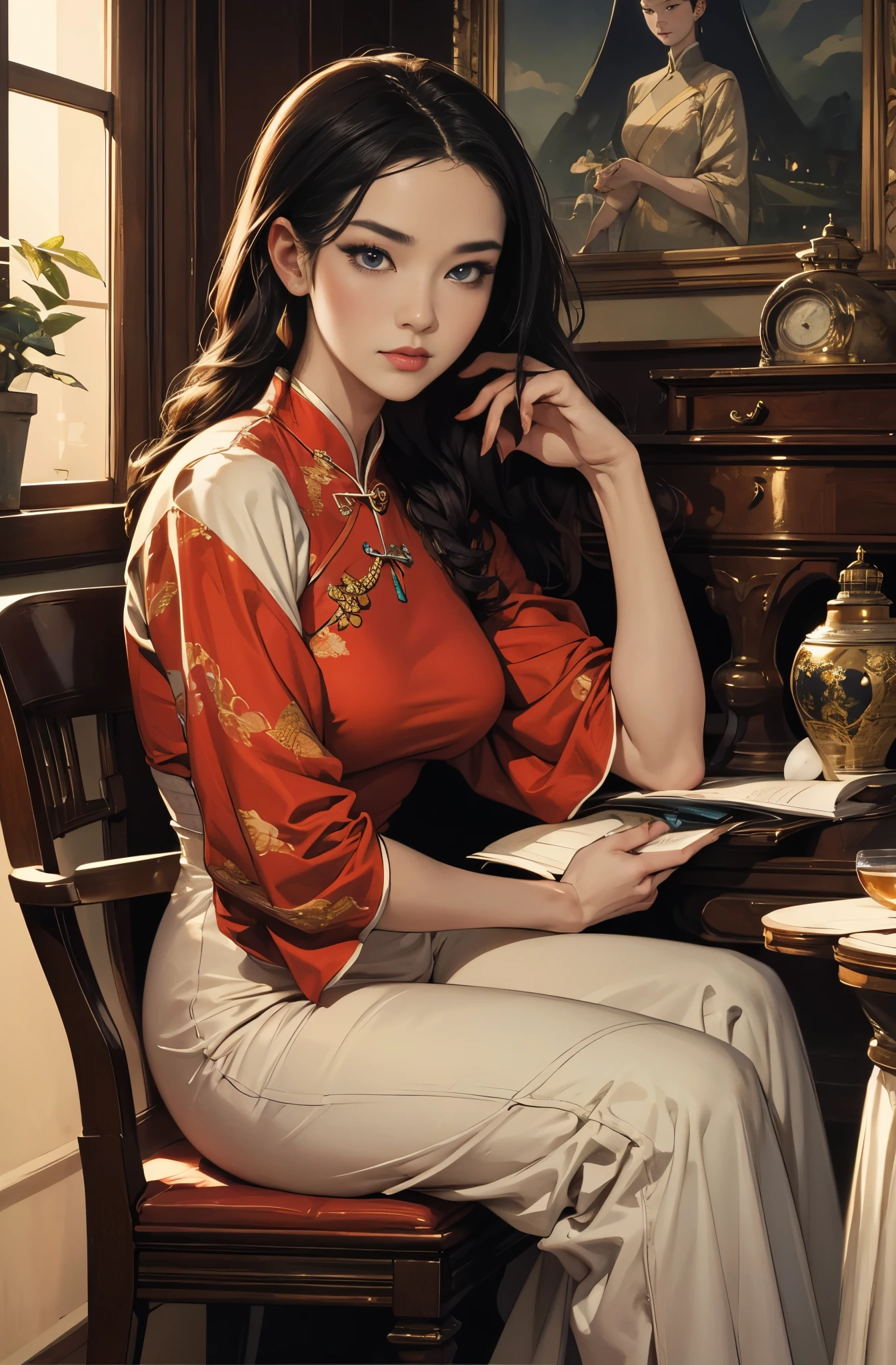 A painting of a beautiful young woman standing quietly, summerside night, beautiful hong kong night view, flower of society, Chinese secret agent, talented female spy, First Class Saboteur She is wearing an elegant purple cheongsam.., Works that influenced Chen Yifei, Works that influenced Francesco Hayes, Inspired by Hendrik Terbruggen, Jean＝Works that influenced Auguste Dominique Ingres, Inspired by Liu Jun, Jean＝Works that influenced Auguste Dominique Ingres, highest quality, perfect angle, perfect composition, best shot, official art, cinematic light, figurative art, intense watercolor, watercolor detailed art,Beautiful and expressive paintings, Beautiful artwork illustration, wonderful, cool beauty, clear, Mysterious, highest quality, official art, perfect composition,perfect angle, Perfect light and shadow contrast, perfect shadow, cinematic light, best shot, women only, sharp outline, melancholy, nostalgia, nostalgia,sharp and long eyes, Very beautiful and delicate eyes, ideal animation,　melancholy, nostalgia, romantic, 1960s, beautiful cityscape, Hong Kong travel diary, sepia colored memories, unforgettable woman, Close-up