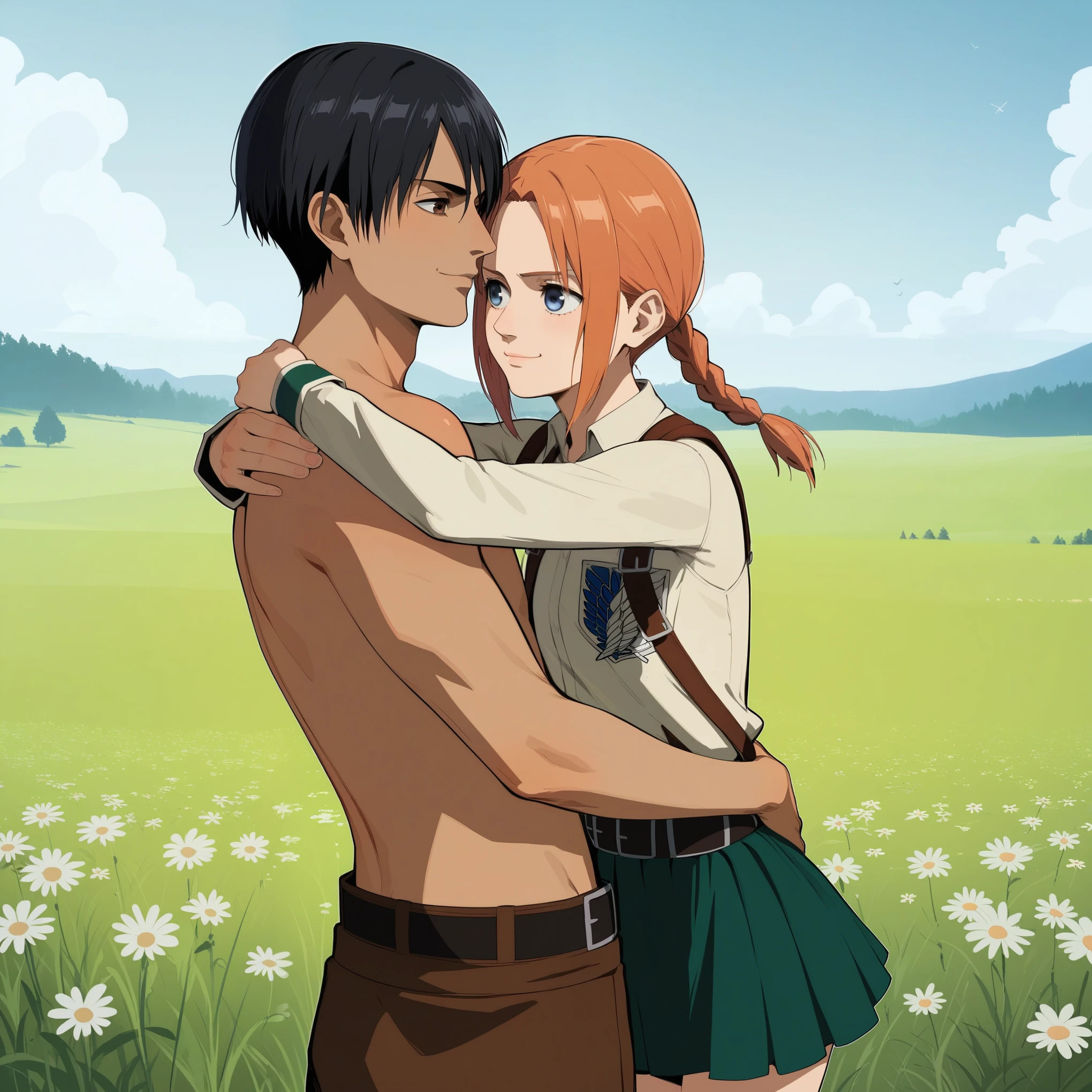 score_9, score_8_up, score_7_up, score_6_up, source_anime, BREAK, nude male clothed female, hugging each other, embarcing, skirt lift, vaginal, vaginal sex, embracing hug, duo, higging, lovers, skinny, attack on titan, age difference, medieval, medievaloutfit, grassy field, standing, outdoors, field, snk, aot, BREAK, 1girl, outdoors, aged down, , wearing skirt, ginger pigtails, blue eyes, braided pigtails, attack on titan style, aot, snk, smug, thoughtfull, smug expression, BREAK, 1boy,brown skinned male, brown skin, brown eyes, black hair, nude, frustrated, looking at one another, brown boy, teen boy, teenage boy, dark skinned male, huge penis