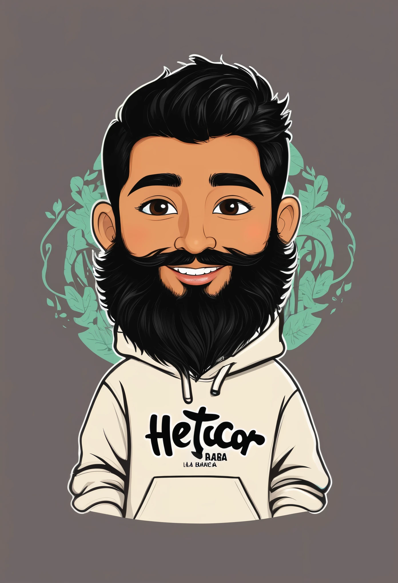 Create me a logo mascot where the boy has black hair, con barba, sudadera negra y amante de la naturaleza y abajo tenga las letras "HECTOR"