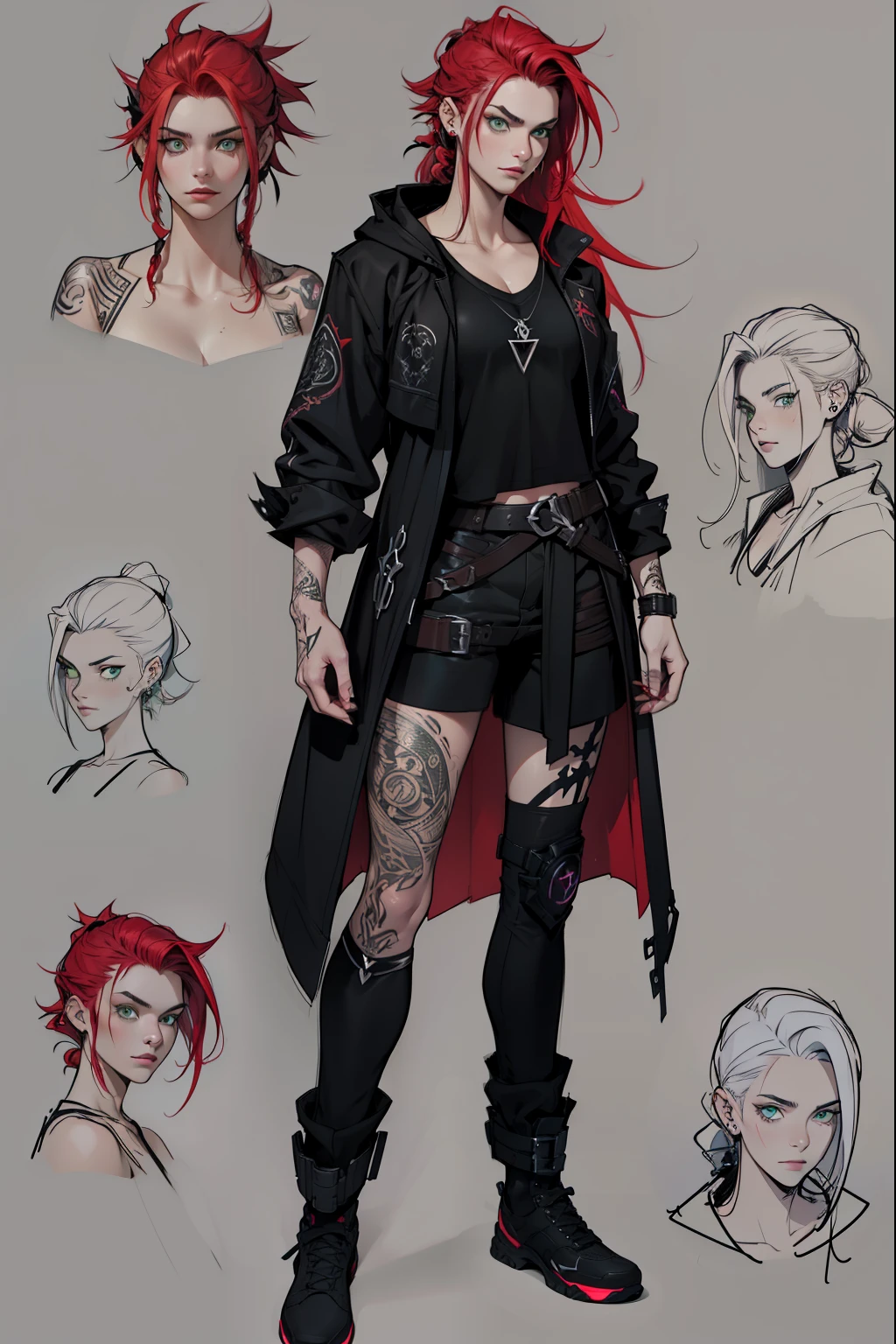 1 girl, Sidecut hair, jinx arcane, Sidecut hair, ager, rock jacket, black clothing, red hair, light background, full body, long hair, teen, tribal tattoo, colorful parts, sketchbook, hand drawn hand, witch symbols, dark , bold, realistic sketch, sketch, mixing dark lines and loose lines, bold lines, on paper, turn on character sheet, human woman, green eyes, full body, imposing pose, lots of details, stylish outfit, witch symbols, runes , dark theme , black shirt, beautiful, pretty, modest